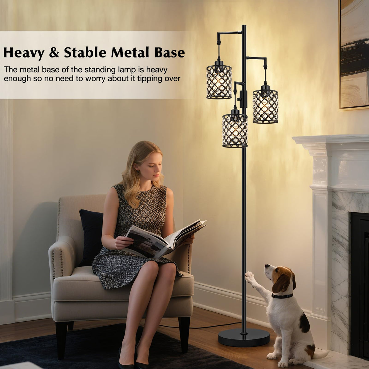 Crystal Floor Lamps for Living Room, 3-Light Black Floor Lamp, Standing Tall Lamp with Elegant K9 Crystal Shade & Rotary Switch, Modern Corner Floor Lamp for Bedroom, Home Office, Reading