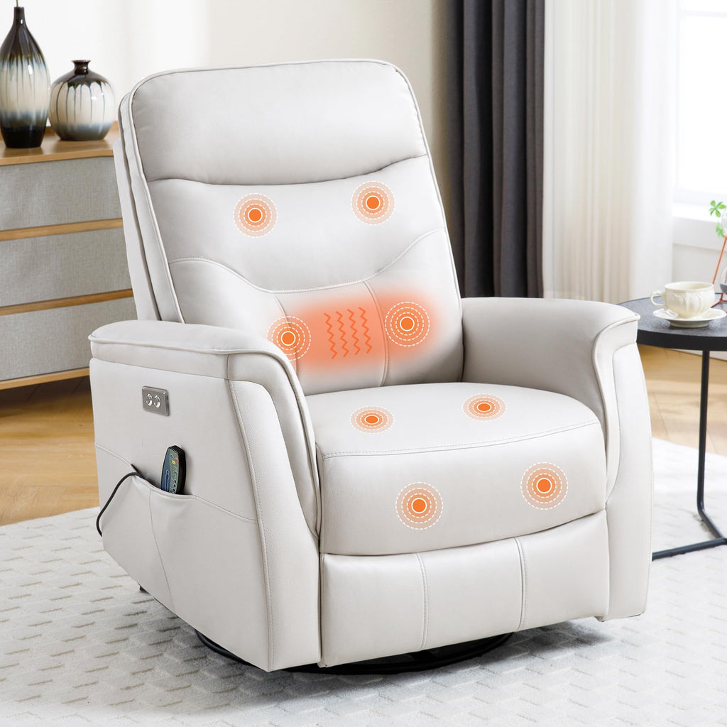 Recliner Chair for Adults, Power Faux Leather Rocker Recliner Massage and Heat, Oversized Swivel Reclining Nursery Chair with USB Ports for Living Room, Office Beige