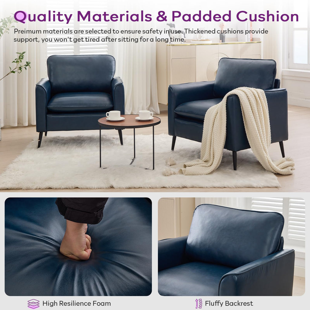 Leather Accent Chair, Mid-Century Modern Comfy Living Room Chairs, Cozy Office Reading Chair, Reception Armchairs for Bedroom, Office, Waiting Room (Blue)