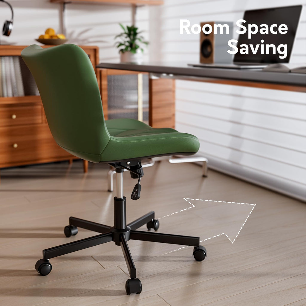 Armless Desk Chair, Morden Home Office Chair no Arms, Adjustable Height & Rocking Computer Chair, PU Leather Vanity Chair, Ergonomic Seat Soft Padded Desk Chairs for Home Small Space, Green