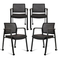 Stacking Office Chair with Wheels, Mesh Back Waiting Room Guest Chairs with Arms Comfortable Leather Cushion Stackable Desk Chair for Conference Reception School Side Stationary, Black, 4PK
