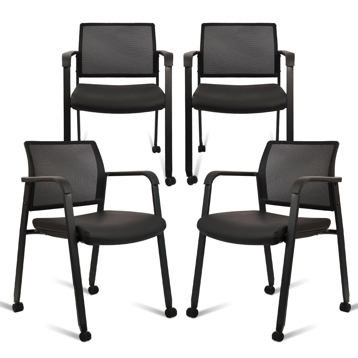 Stacking Office Chair with Wheels, Mesh Back Waiting Room Guest Chairs with Arms Comfortable Leather Cushion Stackable Desk Chair for Conference Reception School Side Stationary, Black, 4PK