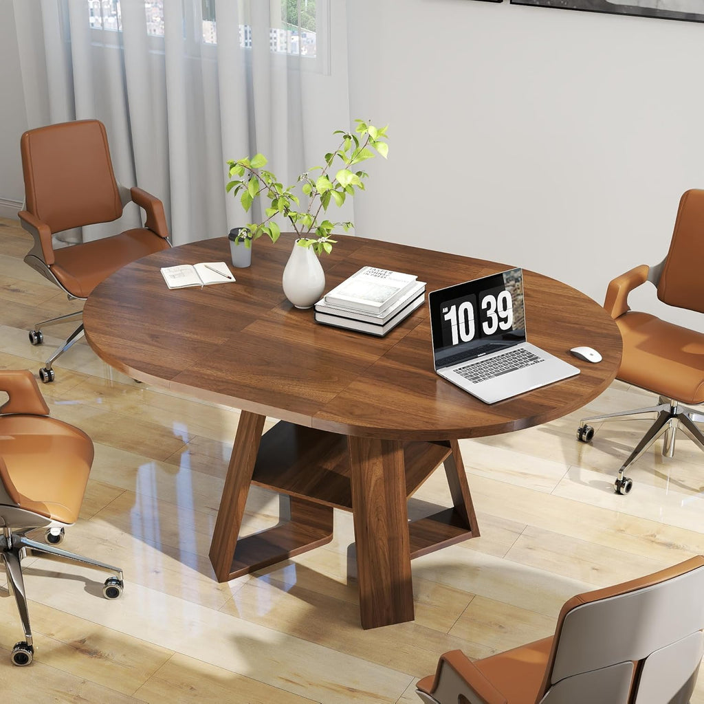 Round Conference Table for 4-6 People,43.3in-59in Extendable Wooden Oval Meeting Room Table with Removable Leaves,Space Saving,Office Table with Storage Shelf for for Office Conference Room (Walnut)