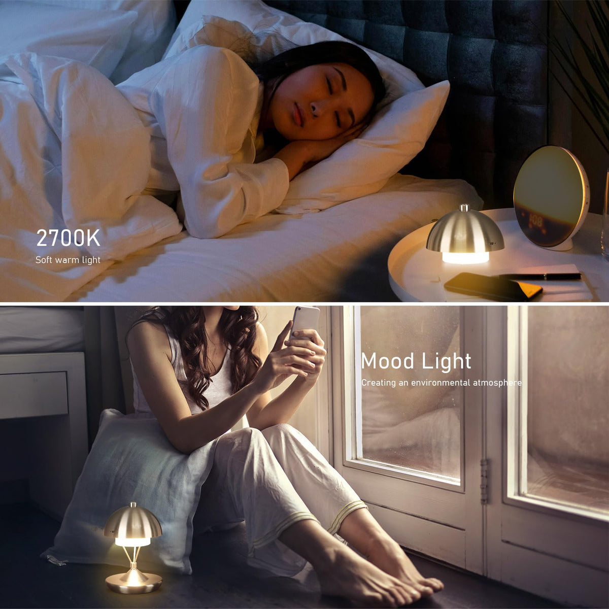 Modern Table Lamp Cordless Portable Desk Lamp, 2700K Stepless Dimming Rechargeable Battery Operated LED Lights for Bedroom, USB-C Charging, Restaurant/Bar/Night Light/Gifts (Brushed Nickel)