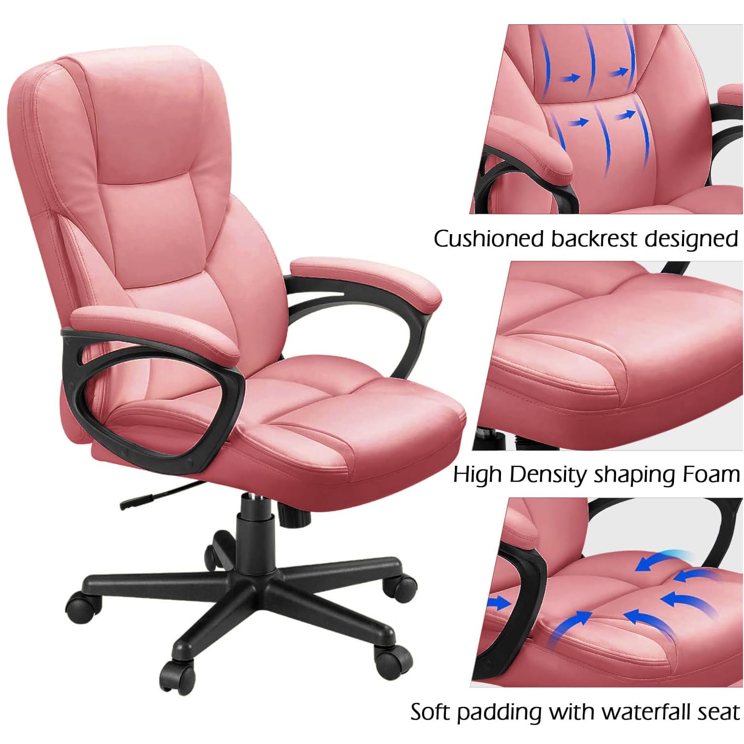 Office Executive Chair High Back Adjustable Managerial Home Desk Chair, Swivel Computer PU Leather Chair with Lumbar Support (1, Pink)