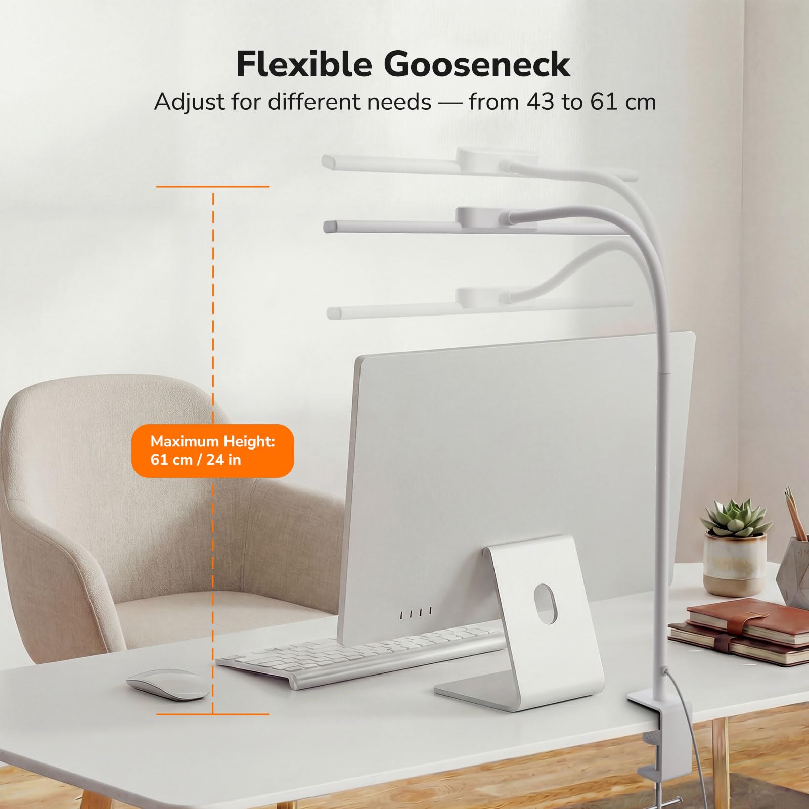 Led Desk Lamp for Office, Metal Architect Lamp with Clamp, 11W 750LM Eye-Caring Task Light, 25 Lighting Modes, Flexible Gooseneck for Monitor, Workbench, Drafting, Crafts, Reading, White