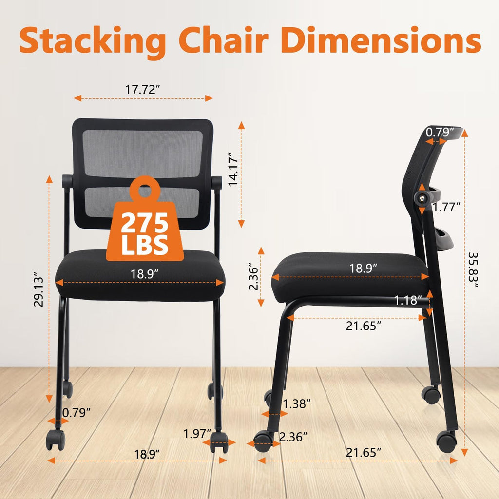 Mesh Stacking Office Desk Chairs with Wheels, Portable Stackable Bulk Waiting Room Armless Chair with Adjustable Back & Fabric Seat for Guest Lobby Side School Church Conference Break, Black