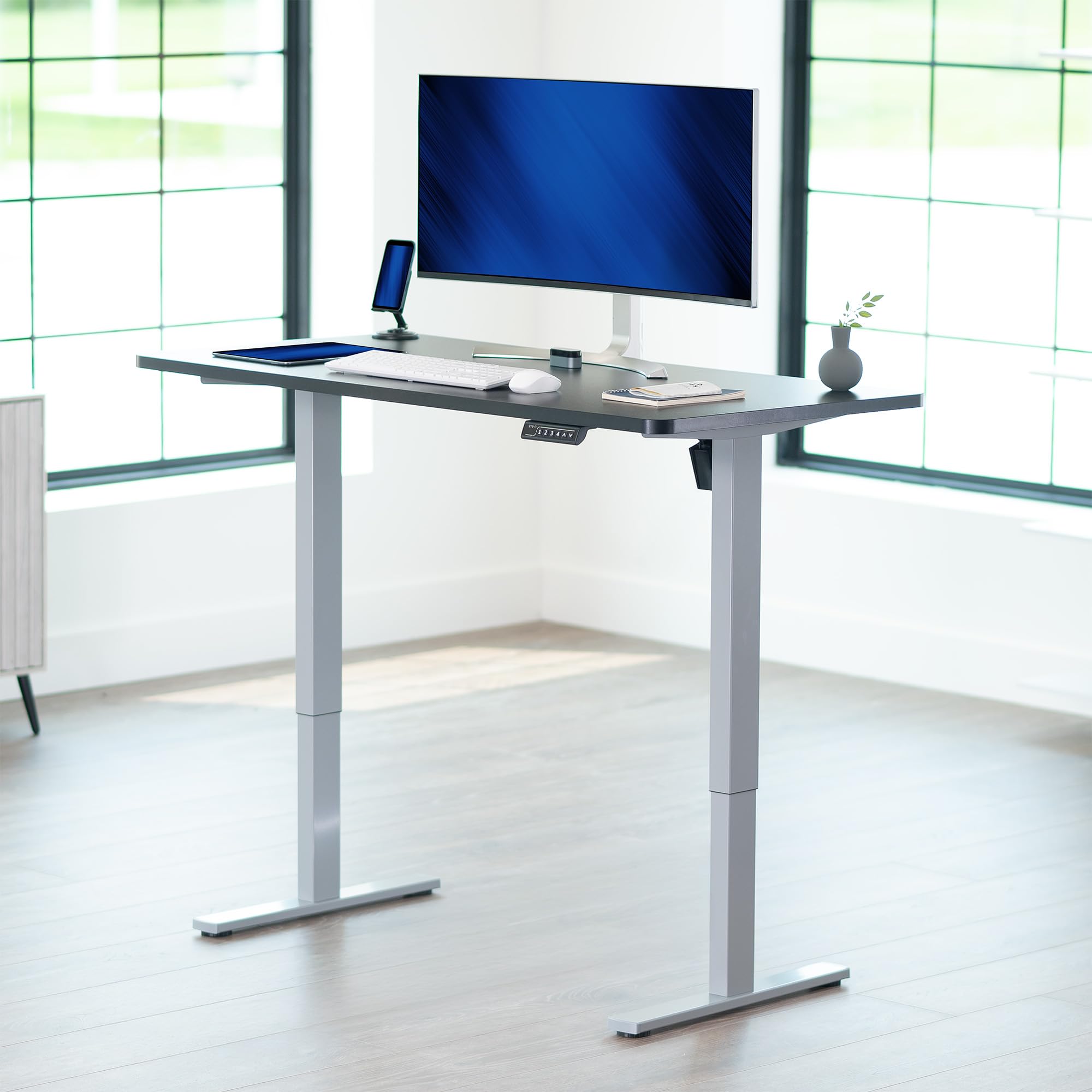 Electric 55 x 28 in Standing Desk, Memory Height Adjustment, 1B Series, Holds 220 lbs, One-Piece Black Top, Gray Frame