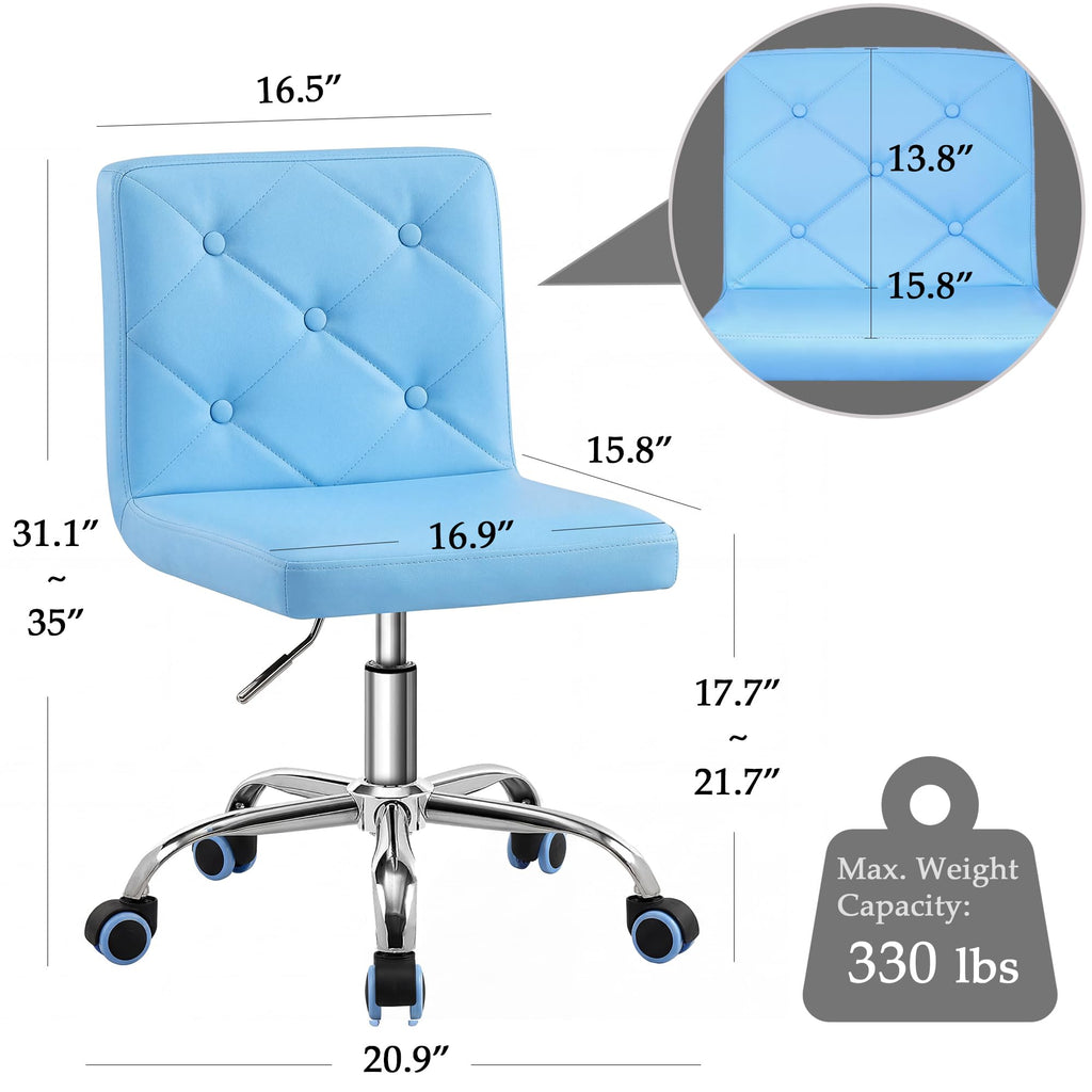 PU Leather Mid-Back Armless Vanity Chair Adjustable Height 360° Rolling Swivel for Office Work
