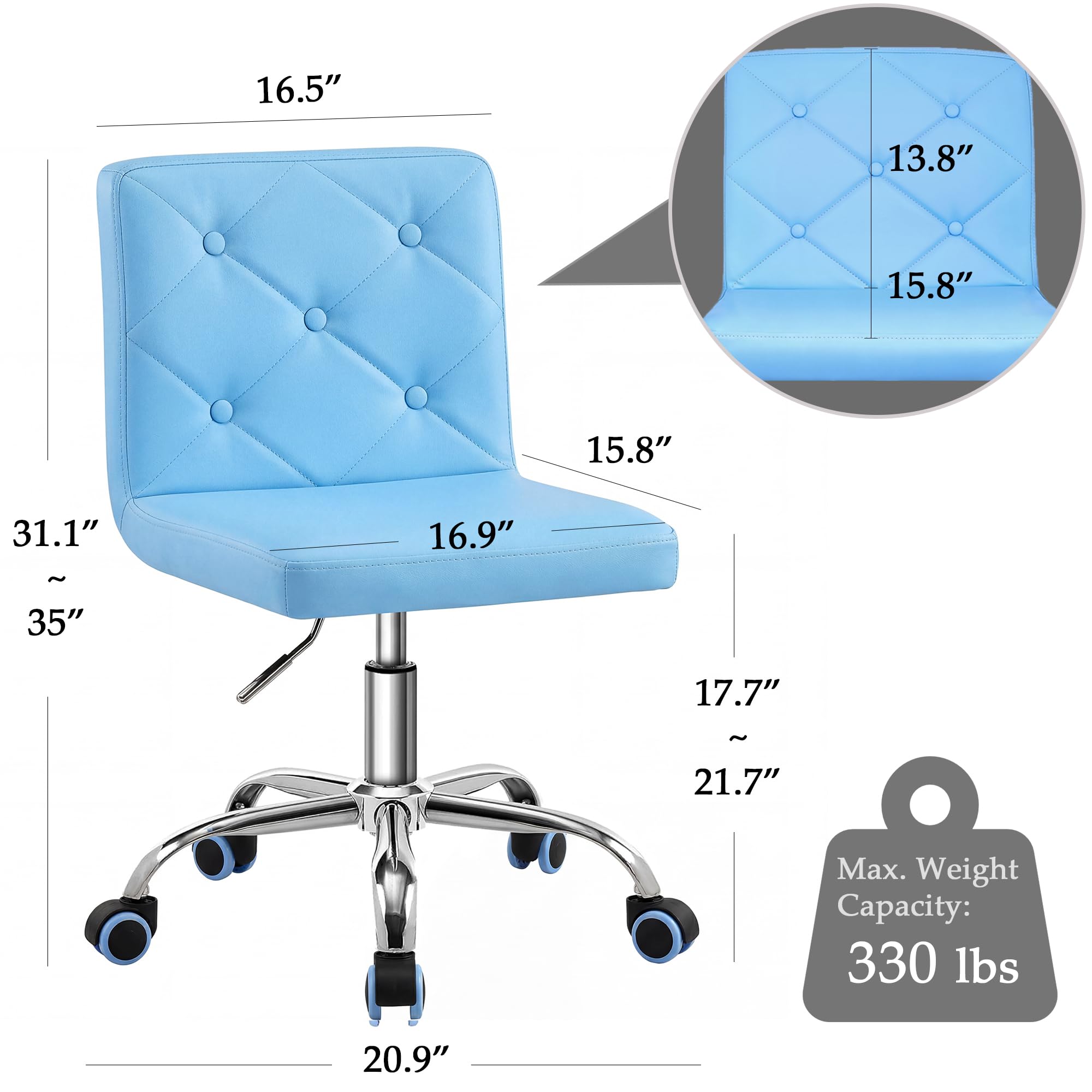 PU Leather Mid-Back Armless Vanity Chair Adjustable Height 360° Rolling Swivel for Office Work