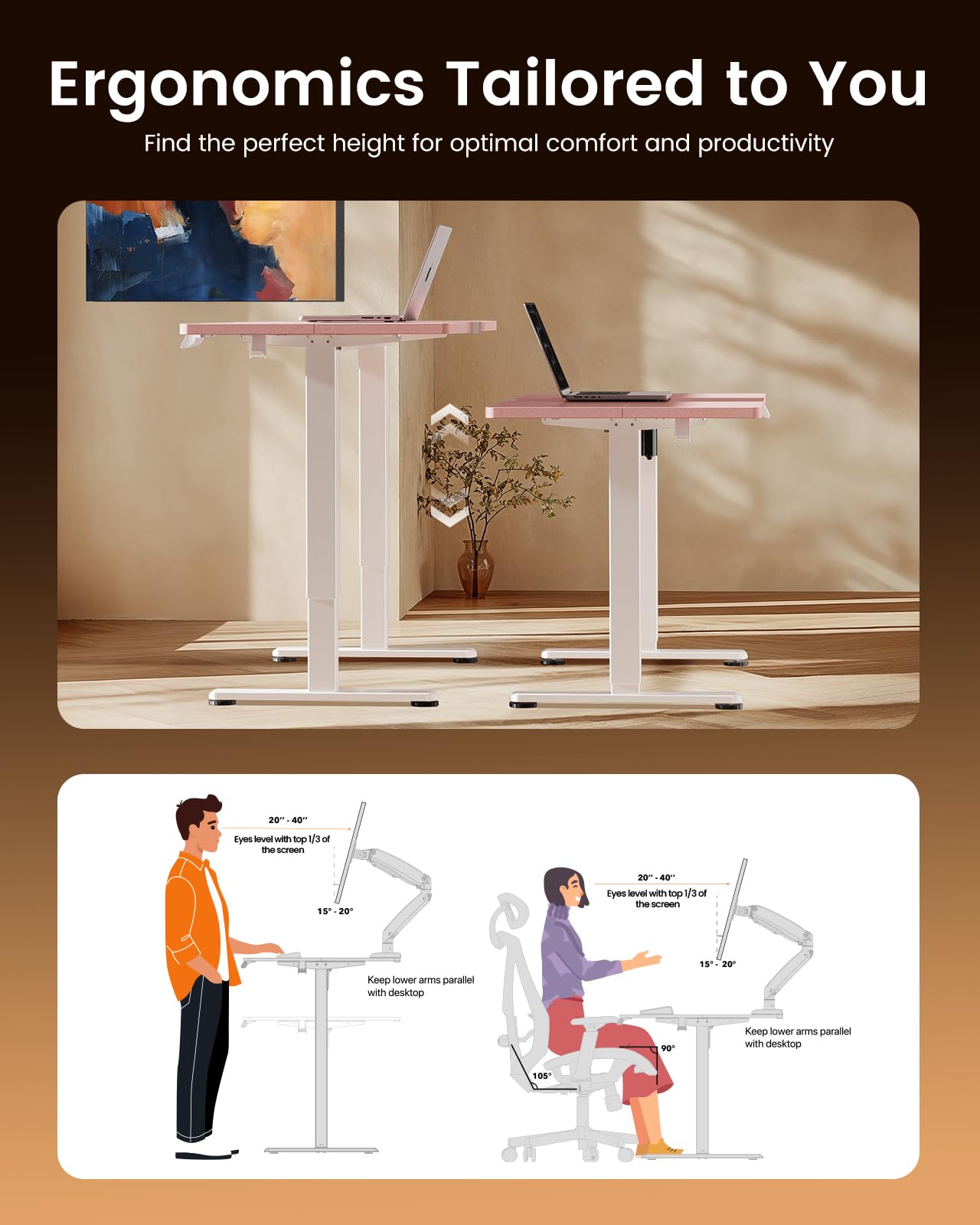 Height Adjustable Electric Standing Desk, 48 x 24 Inches Sit Stand up Desk, Memory Computer Home Office Desk, Pink