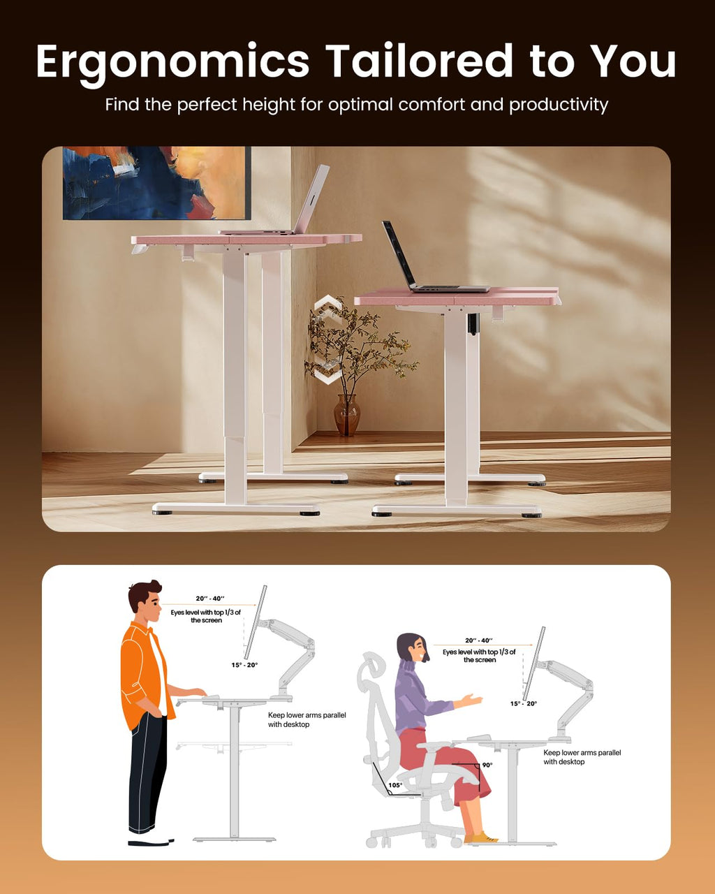 Height Adjustable Electric Standing Desk, 55 x 28 Inches Sit Stand up Desk, Memory Computer Home Office Desk, Pink