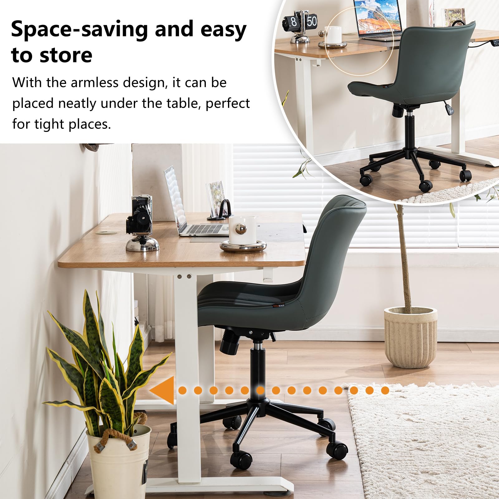 Ergonomic Armless Office Chair Faux Leather Small Cute Desk Chair with 12° Rocking Back Adjustable Height Swivel Vanity Chair Compact Computer Rolling Task Chair for Small Spaces Greyish Green