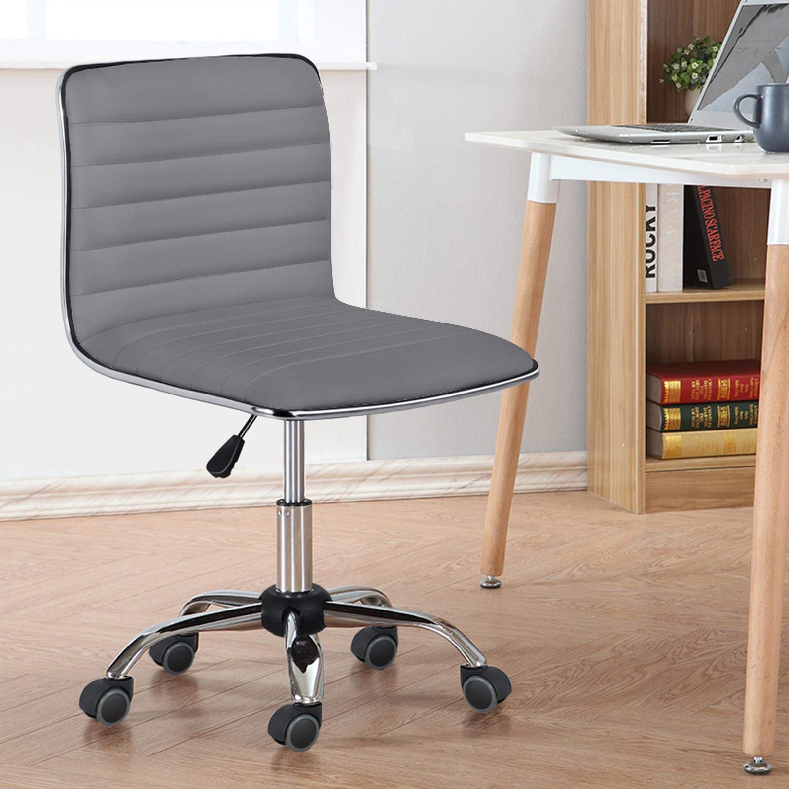 PU Leather Ribbed Armless Task Office Chair, Adjustable Low Back Executive Chair with Wheels Gray