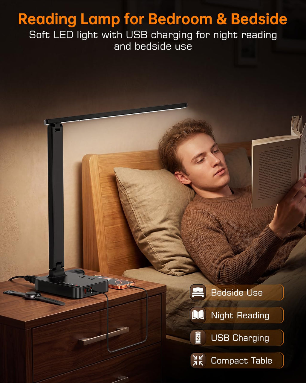 LED Desk Lamp for Dorm Office, USB-C,AC Outlet, Reading Light, Black