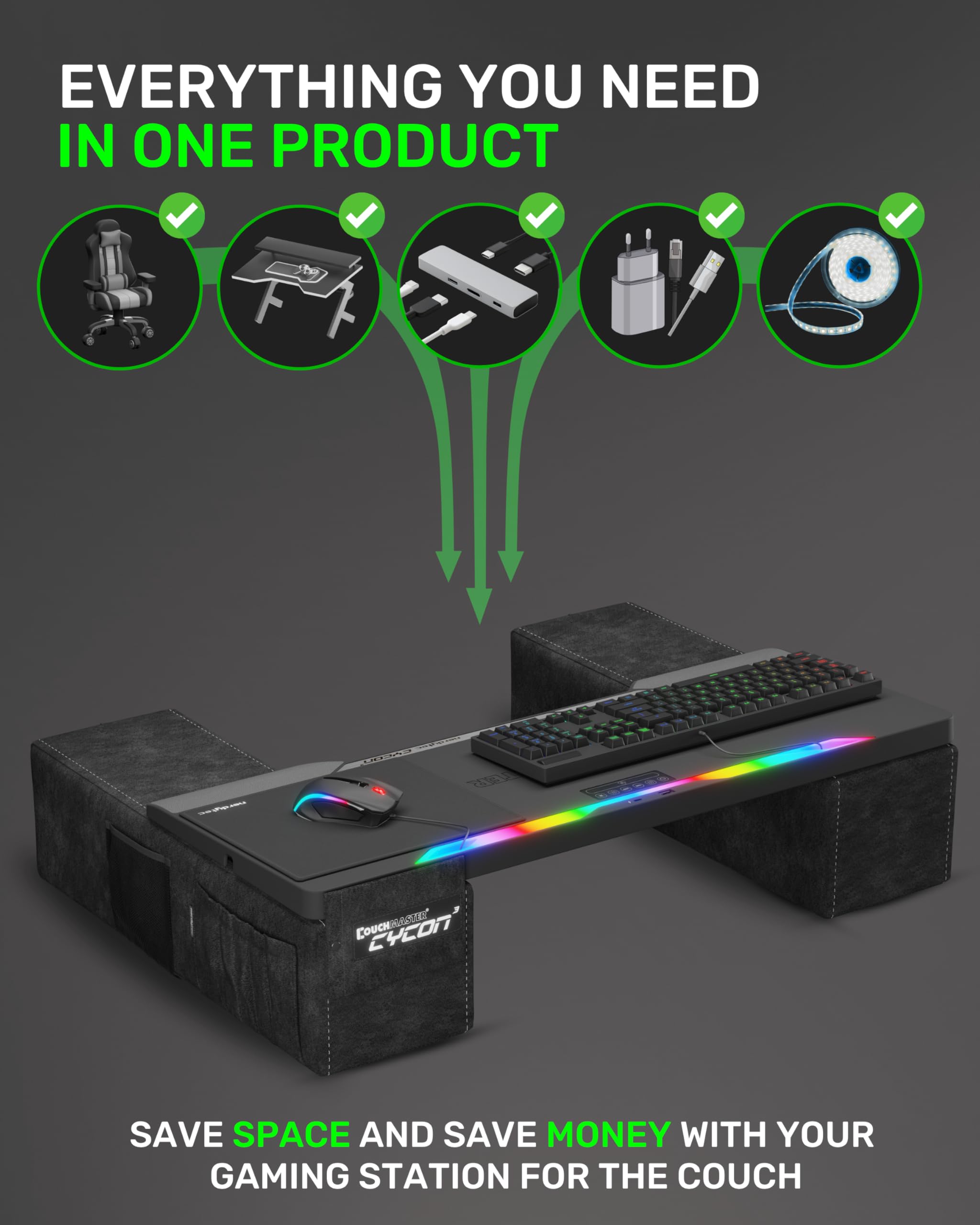 CYCON³ HORIZONLIGHT Bar, Ultimate Ergonomic USB-Hub Gaming Lap Desk for Couch and Bed, Large, Stable and Compatible with All Keyboards and Mouse/Mice, Laptops, PCs, PS4/5, Xbox
