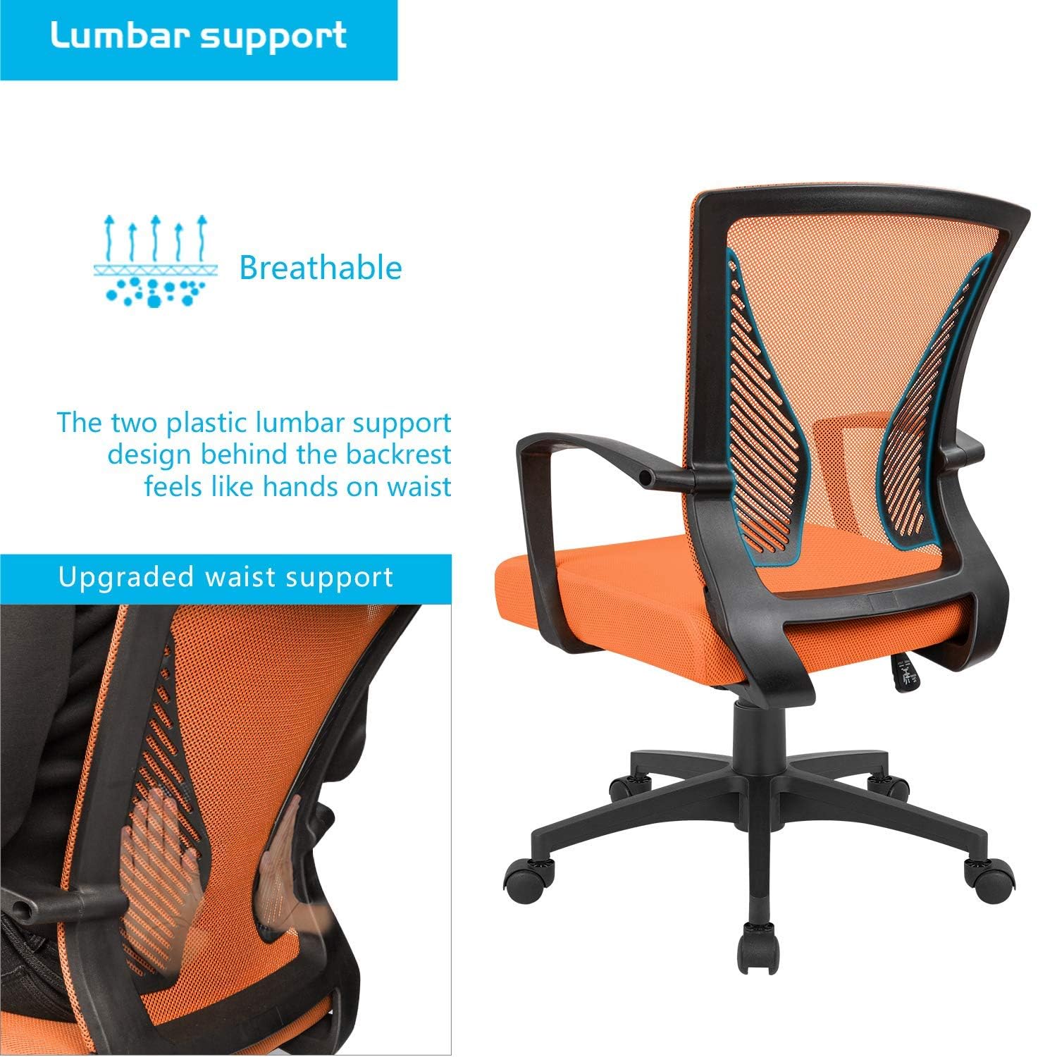 (2, Orange) Office Chair Ergonomic Computer Desk Mesh Chair Mid Back Swivel Lumbar Support with Armrest