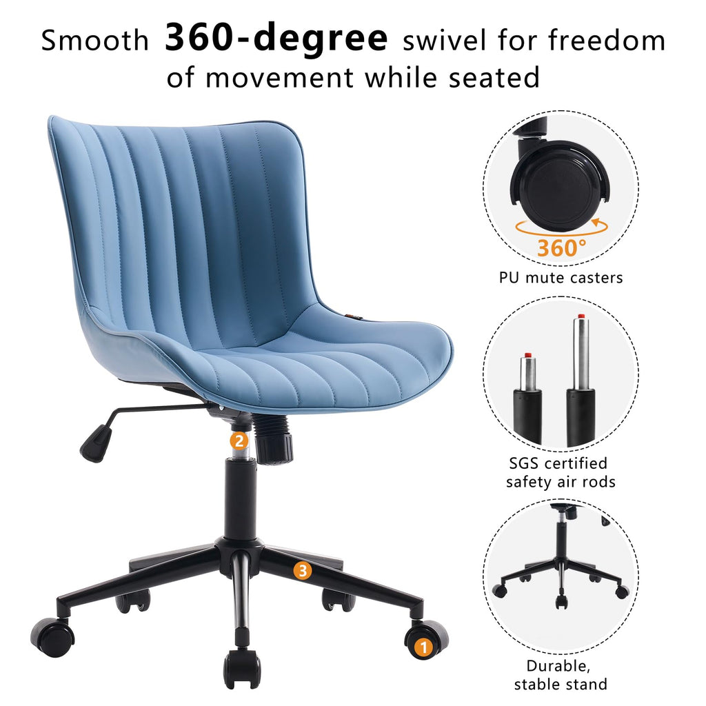 Blue Office Desk Chair with Wheels Comfy Armless Vanity Chair with Back Modern Small Faux Leather Upholstered Rolling Task Chair Cute Computer Drafting Sewing Chair Swivel Adjustable Compact