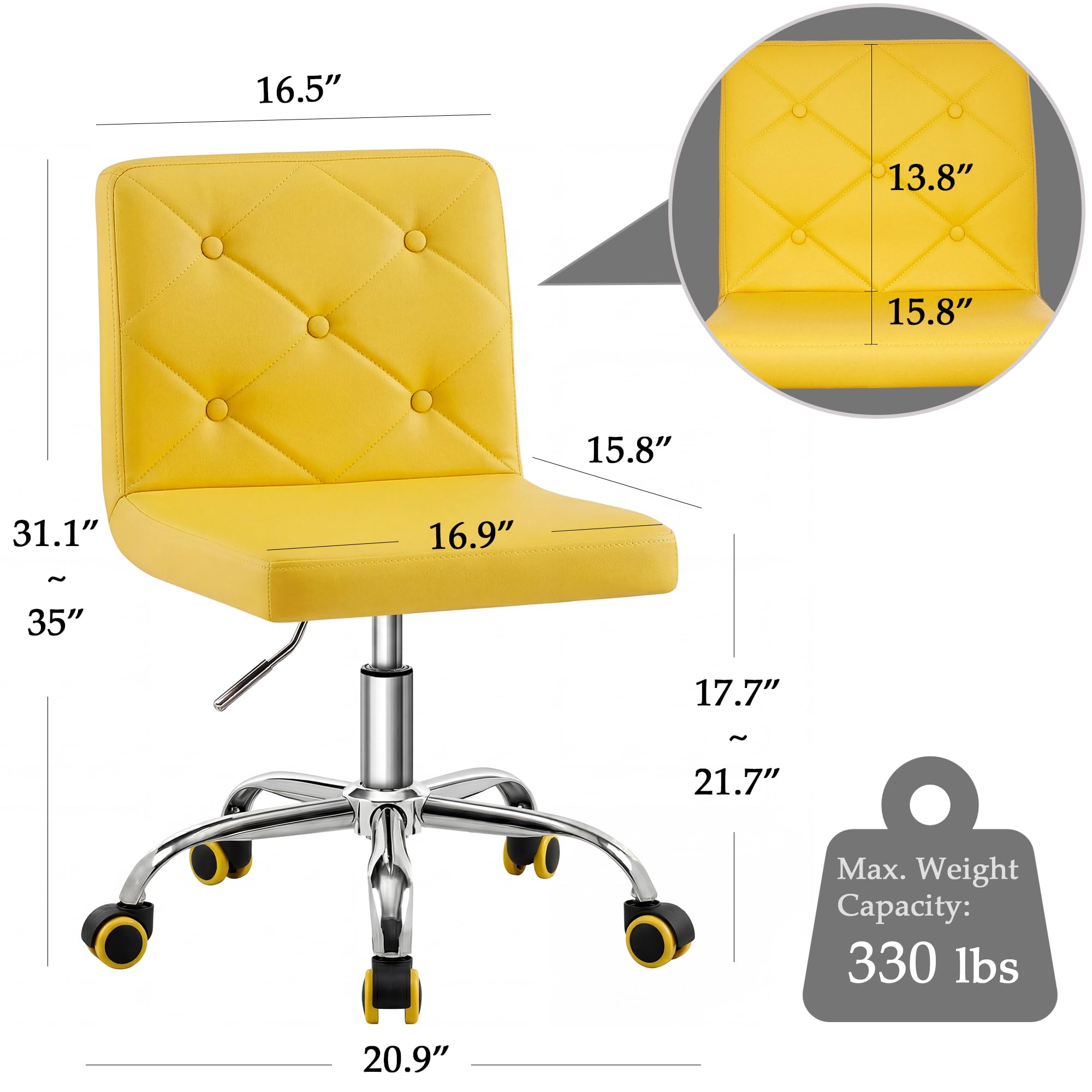 PU Leather Mid-Back Armless Vanity Chair Adjustable Height 360° Rolling Swivel for Office Work