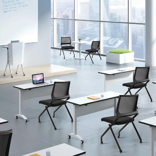 (4pk) Stackable & Foldable Chairs with Wheels, Reception Guest Chairs with Lumbar Support, Ergonomic Mesh Back Folding Chair for Office Schools Training Conference Waiting Room, Black