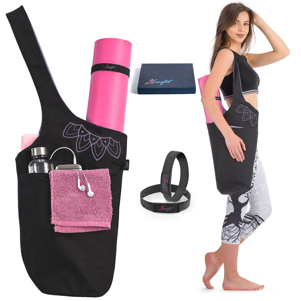Yoga Mat Bag & Carrier with Pockets, Black & Lavender Bliss