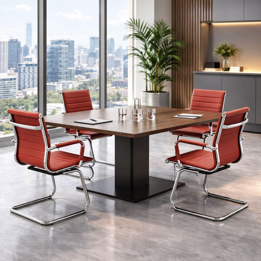 Office Desk Chair No Wheels Set of 6 PU Leather Computer Chairs Mid Back Guest Chairs for School Reception Conference Waiting Room, Deep Red