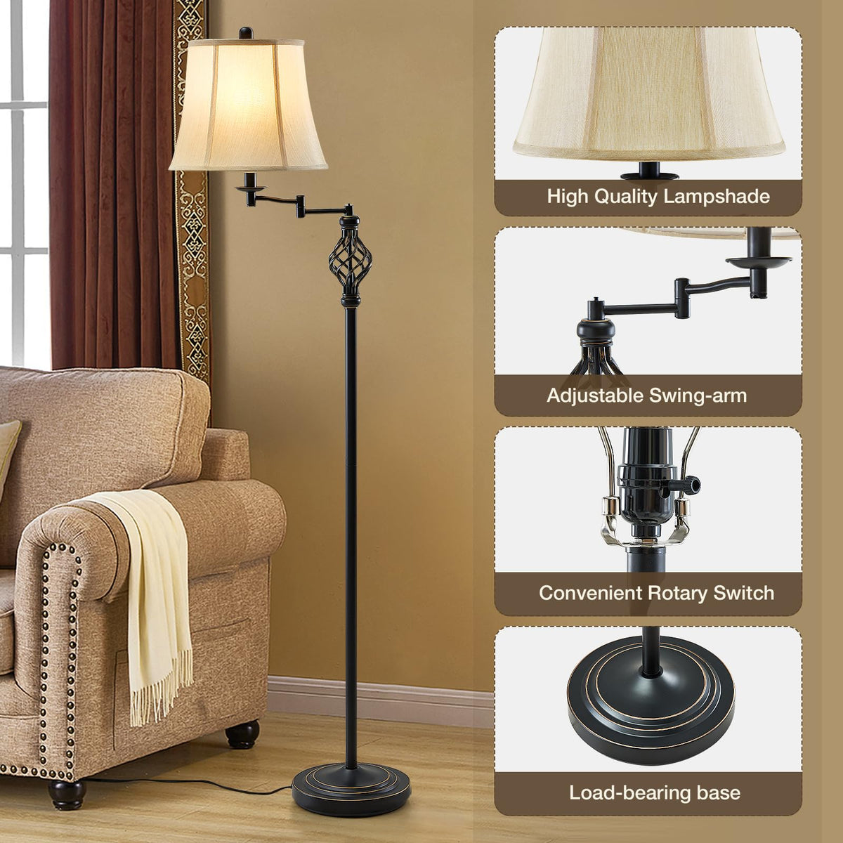 Color Temperature Adjustable Floor lamp, Traditional 350° Adjustable Swing Arm Floor Lamp Vintage Pole lamp Farmhouse Lamp for Living Rooms & Offices, Rustic Standing Lamp for Bedroom Reading
