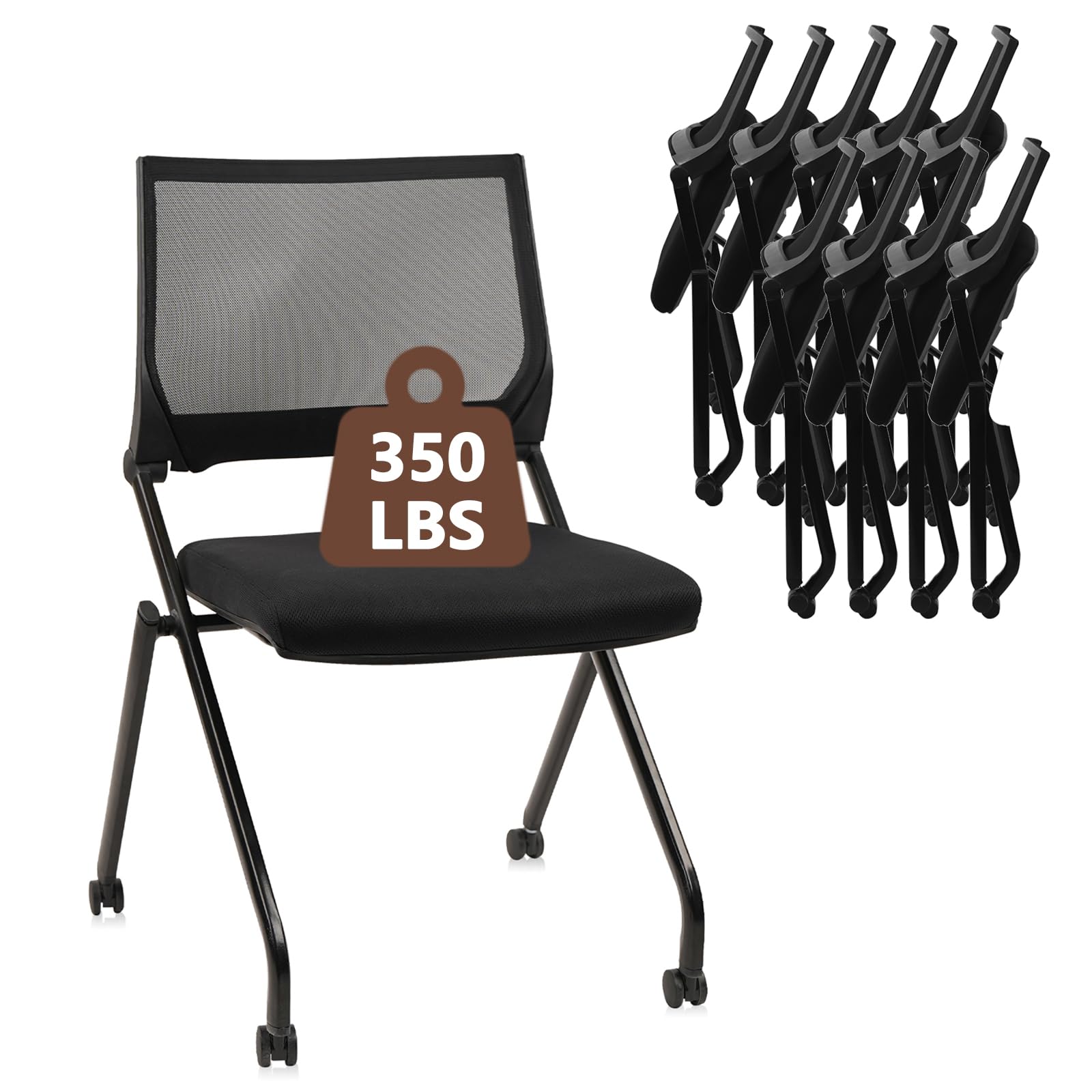 10 Pack, Stackable & Foldable Chairs with Wheels, Reception Guest Chairs with Lumbar Support, Ergonomic Mesh Back Folding Chair for Office Schools Training Conference Waiting Room, Black