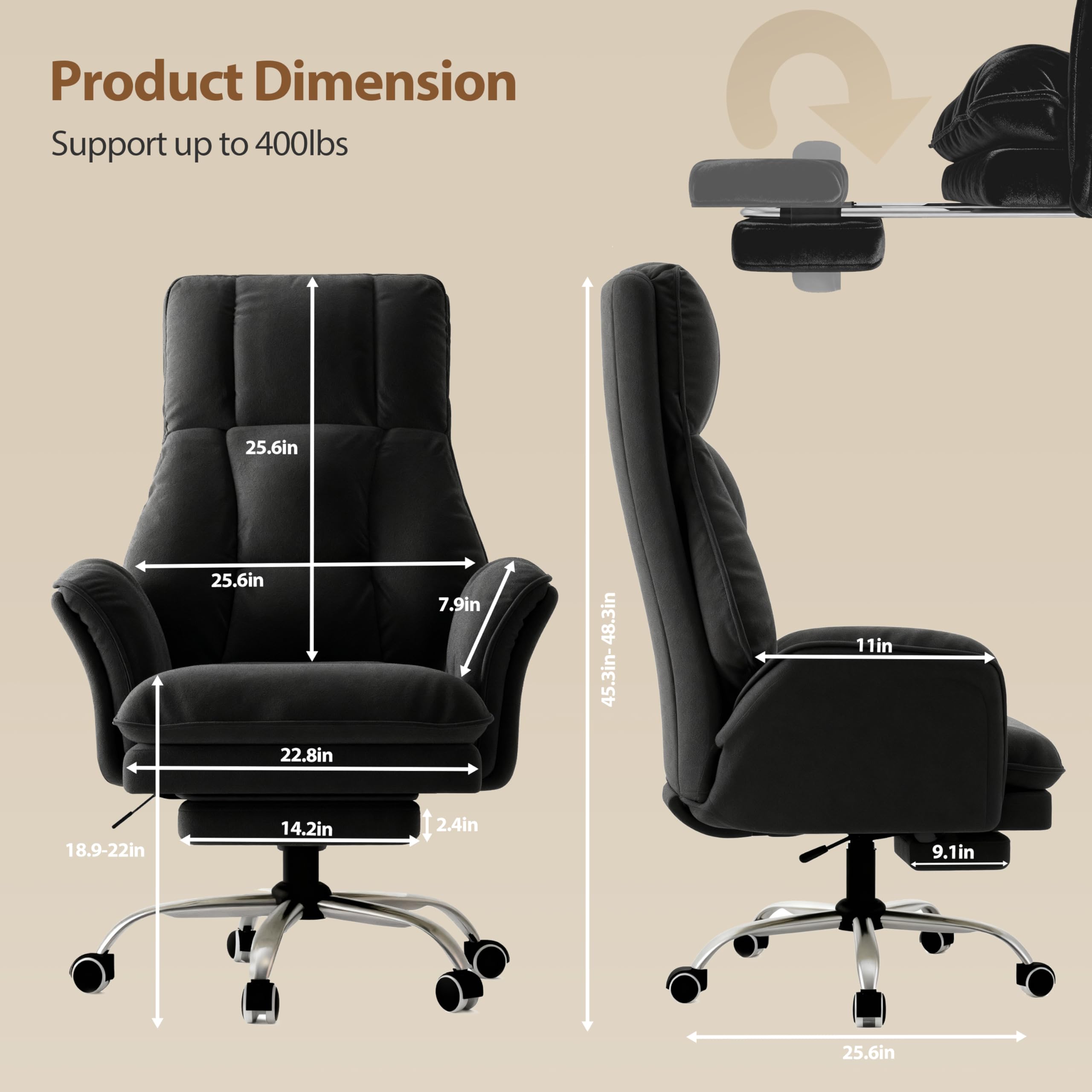 Big and Tall Office Chair, Flip Armrests for Pets & Cross Legged Sitting, Executive Ergonomic Computer Gaming Chair with Foot Rest, Crystal Velvet Wide Seat Reclining Desk Chair