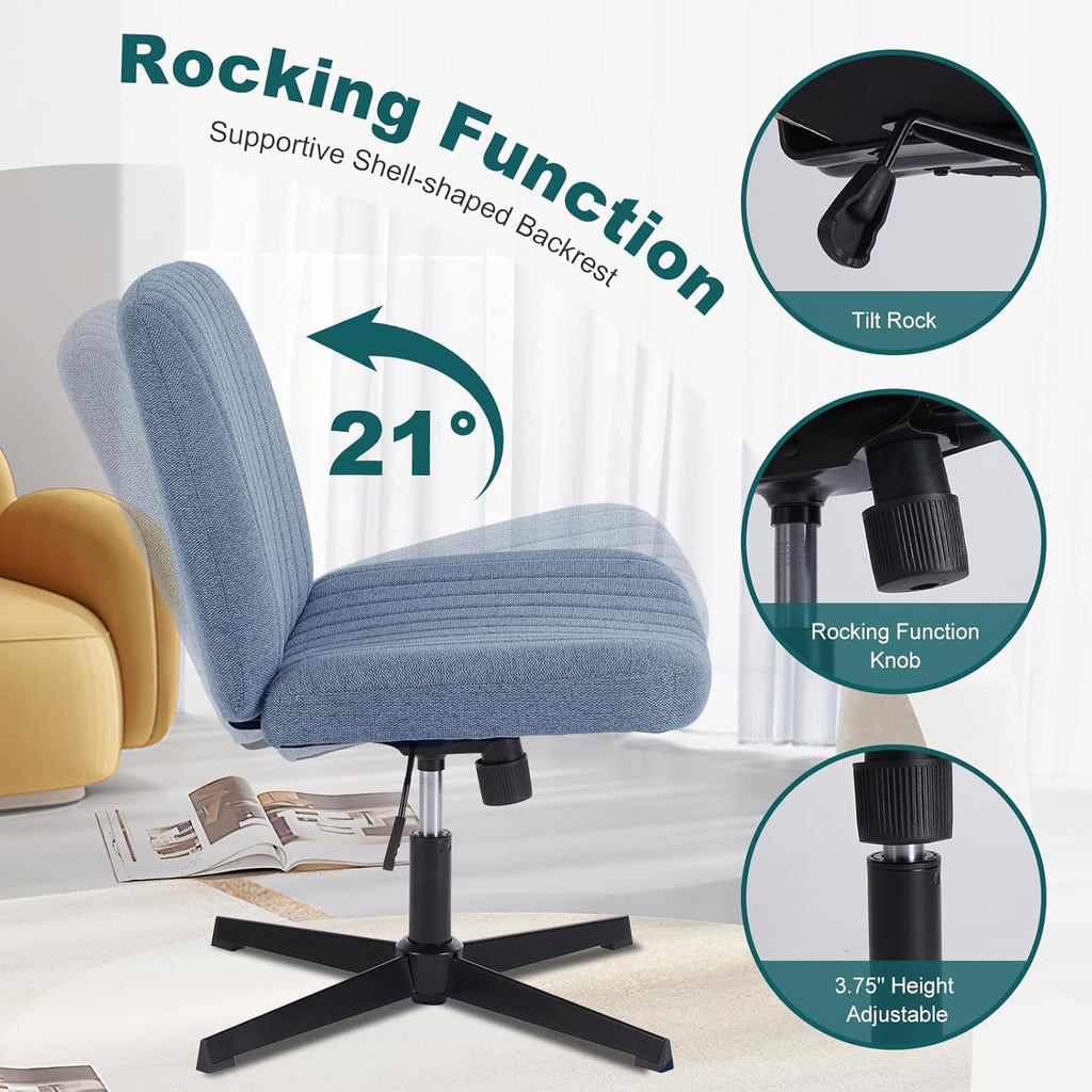 Criss Cross Legged Chairs Armless No Wheels Wide Seat Height Adjustable Swivel Padded Fabric Home Office Desk Seating for Bedroom, Student, Study Room