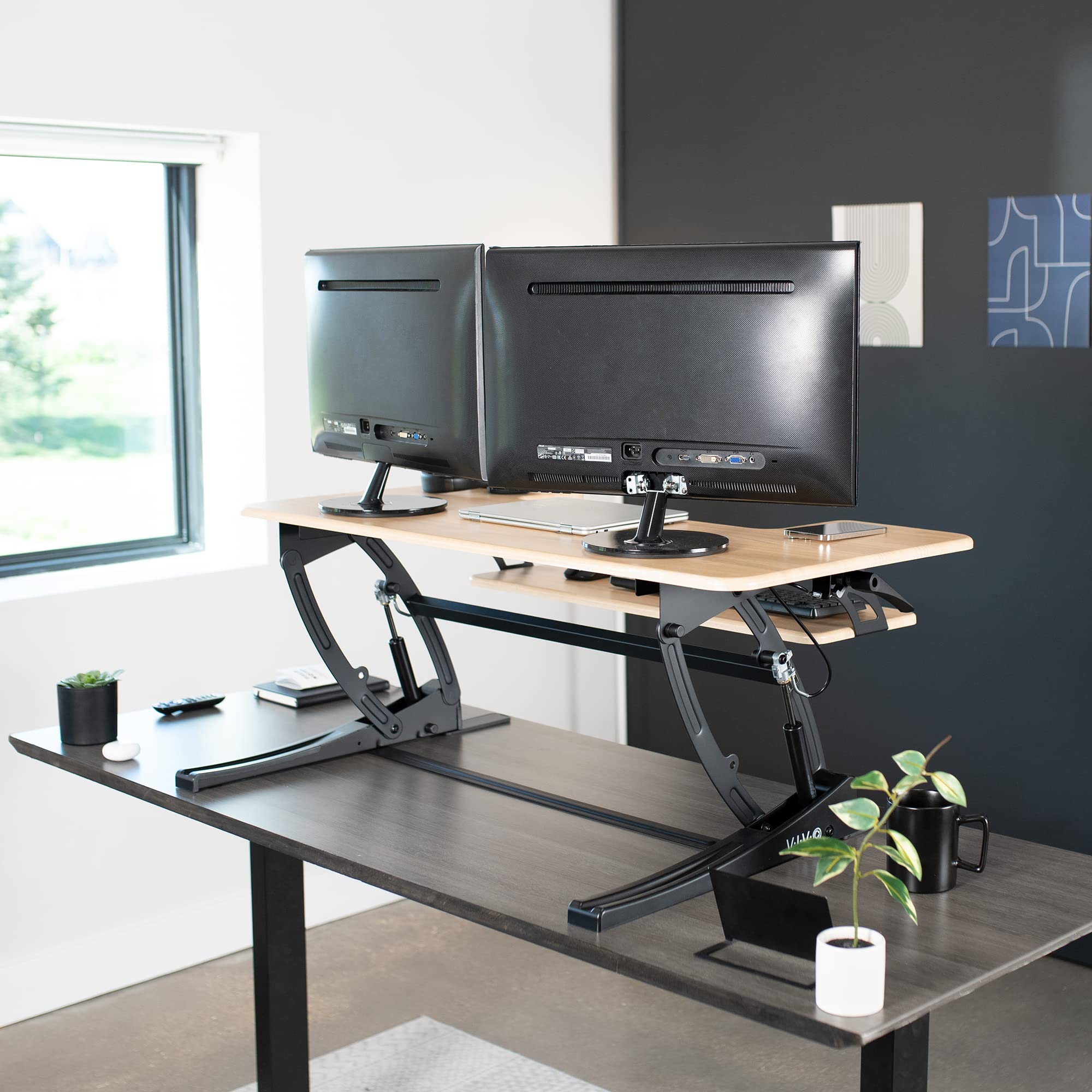 42 inch Height Adjustable Stand Up Desk Converter, V Series, Quick Sit to Stand Tabletop Dual Monitor Riser Workstation, Light Wood Top, Black Frame, DESK-V000VLO