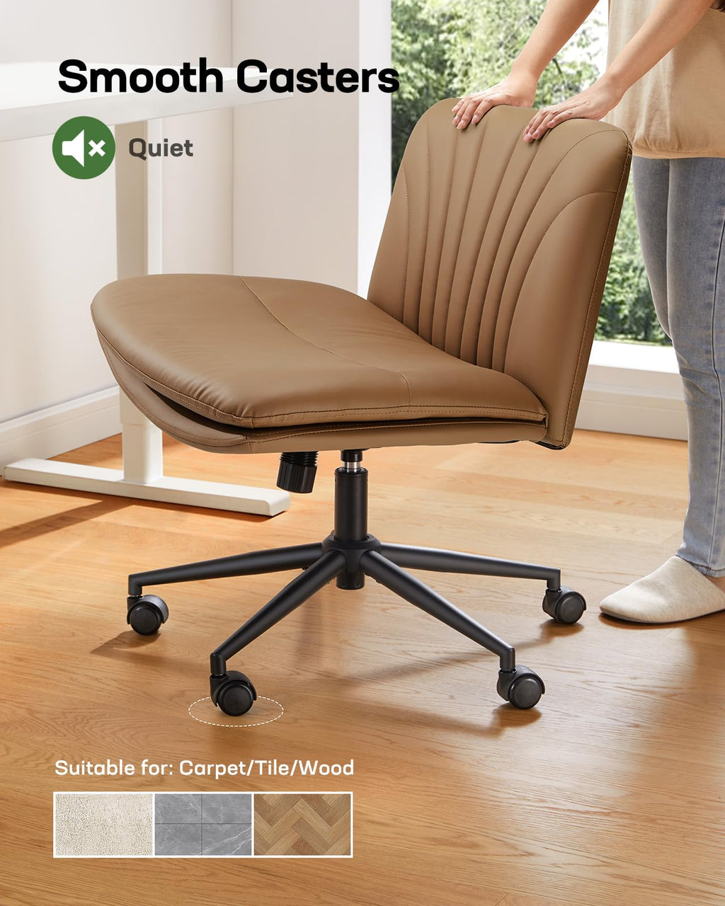 Armless-Office Desk Chair with Wheels: PU Leather Cross Legged Wide Chair,Comfortable Adjustable Swivel Computer Task Chairs for Home,Office,Make Up,Small Space,Bed Room, Brown