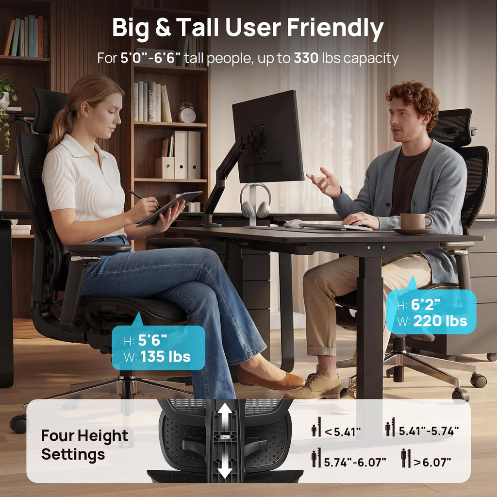 Ergonomic Office Chair with Adaptive Lumbar Support - Over 10 Hours Comfortable, Mesh Big and Tall Home Desk Chair with 4D Headrest, 630° Armrst, Seat Depth Adjustable