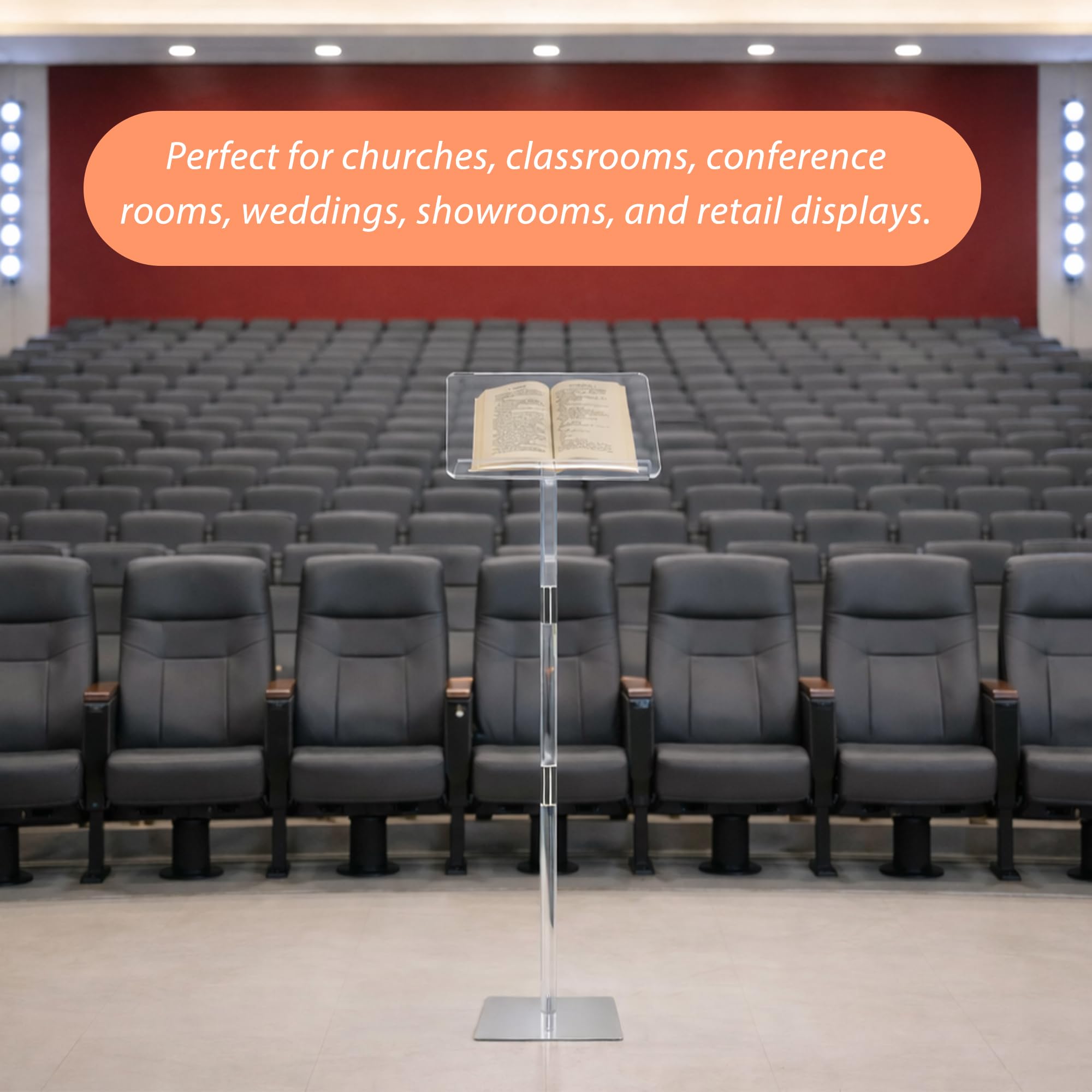 Podium Stand, Lecterns & Podiums, Acrylic Adjustable Angles with Metal Base, Podium for Church, Weddings, Classroom, Speech, 16" L x 12" W x 48" H (Clear)