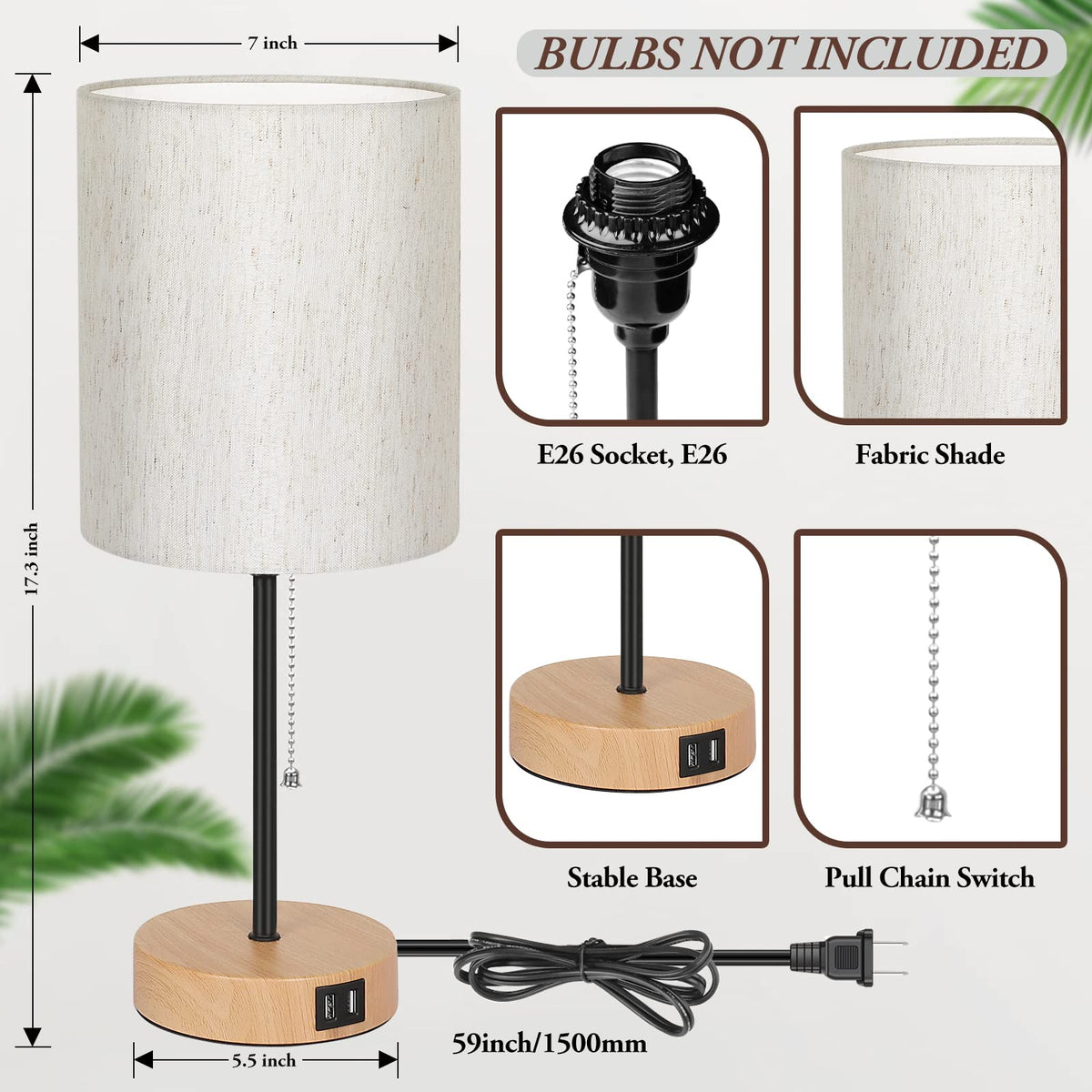 Table Lamps Set of 2 with USB Charging Ports, Bedside Lamps with AC Outlet