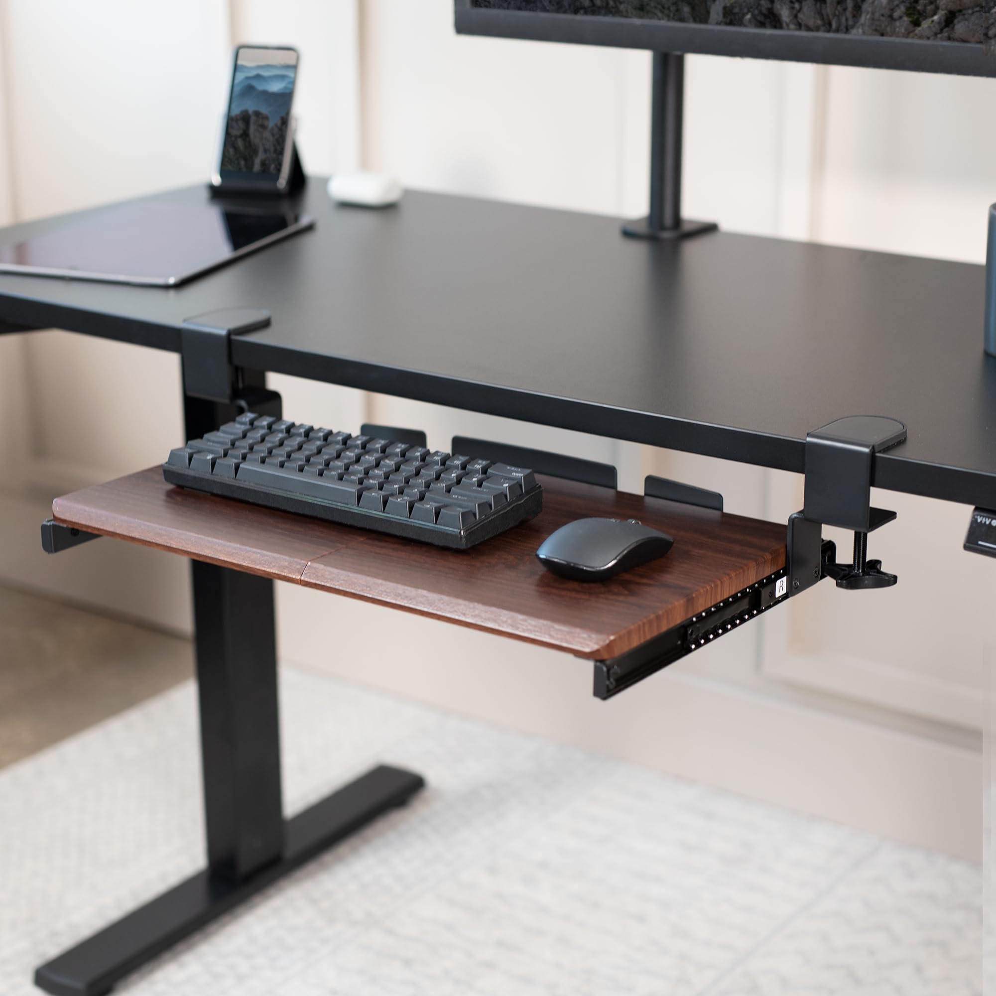 Small Keyboard Tray, Under Desk Pull Out with Extra Sturdy C Clamp Mount System, 20 (26 Including Clamps) x 11 inch Slide-Out Platform Drawer, Dark Walnut Top, Black Frame