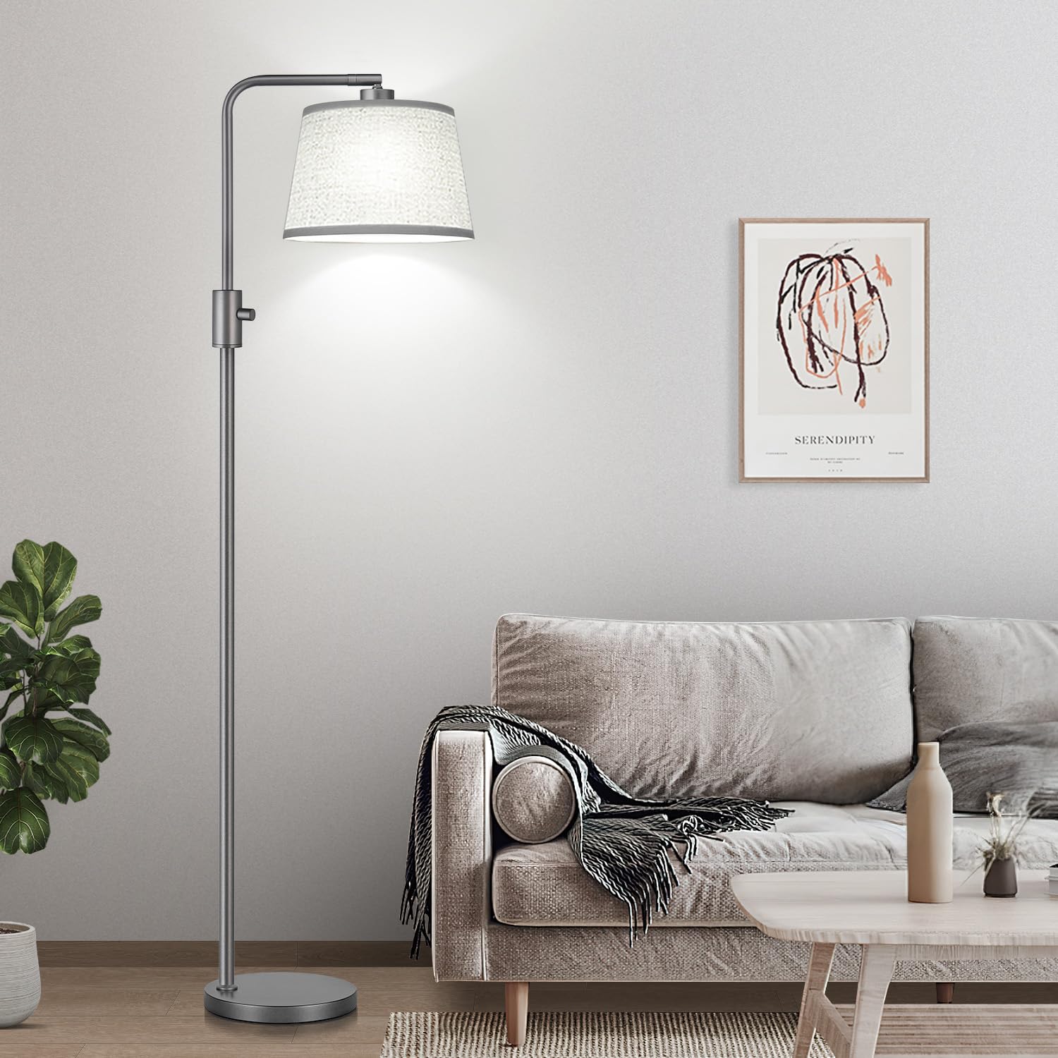 Floor Lamp, 1000 Lumens LED Edison Bulb Included, Arc Floor Lamps for Living Room Modern Standing Lamp with Linen Shade, Tall Lamps for Living Room Bedroom Office Dining Room-Grey