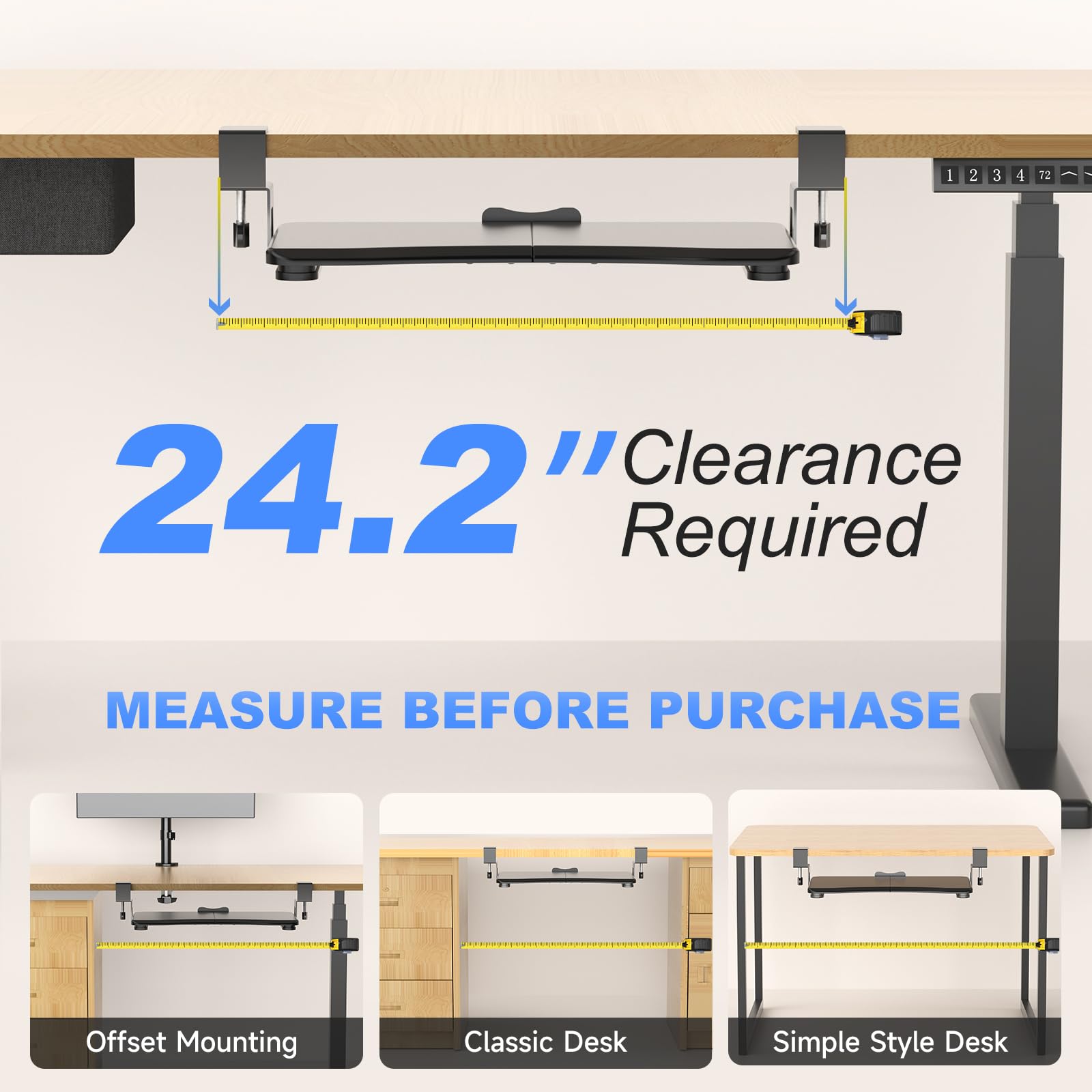 Small Keyboard Tray Under Desk Pull Out with C Clamp Mount, Computer Keyboard & Mouse Tray, 20 (24.2 Including Clamps) x 11.8 inch Slide-Out Platform Computer Drawer for Typing, Black,