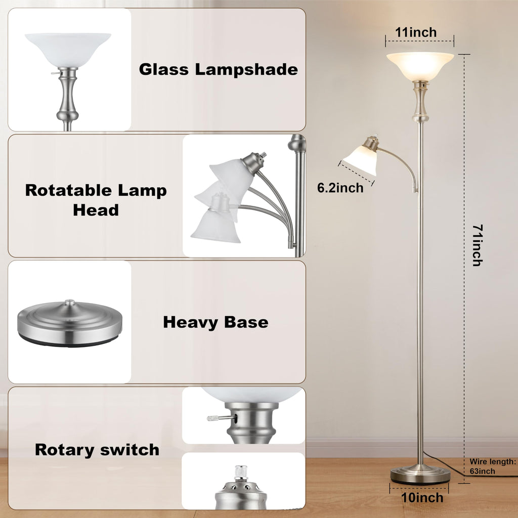 Torchiere Silver Floor Lamp with Adjustable Angle Reading Lamp-71IN