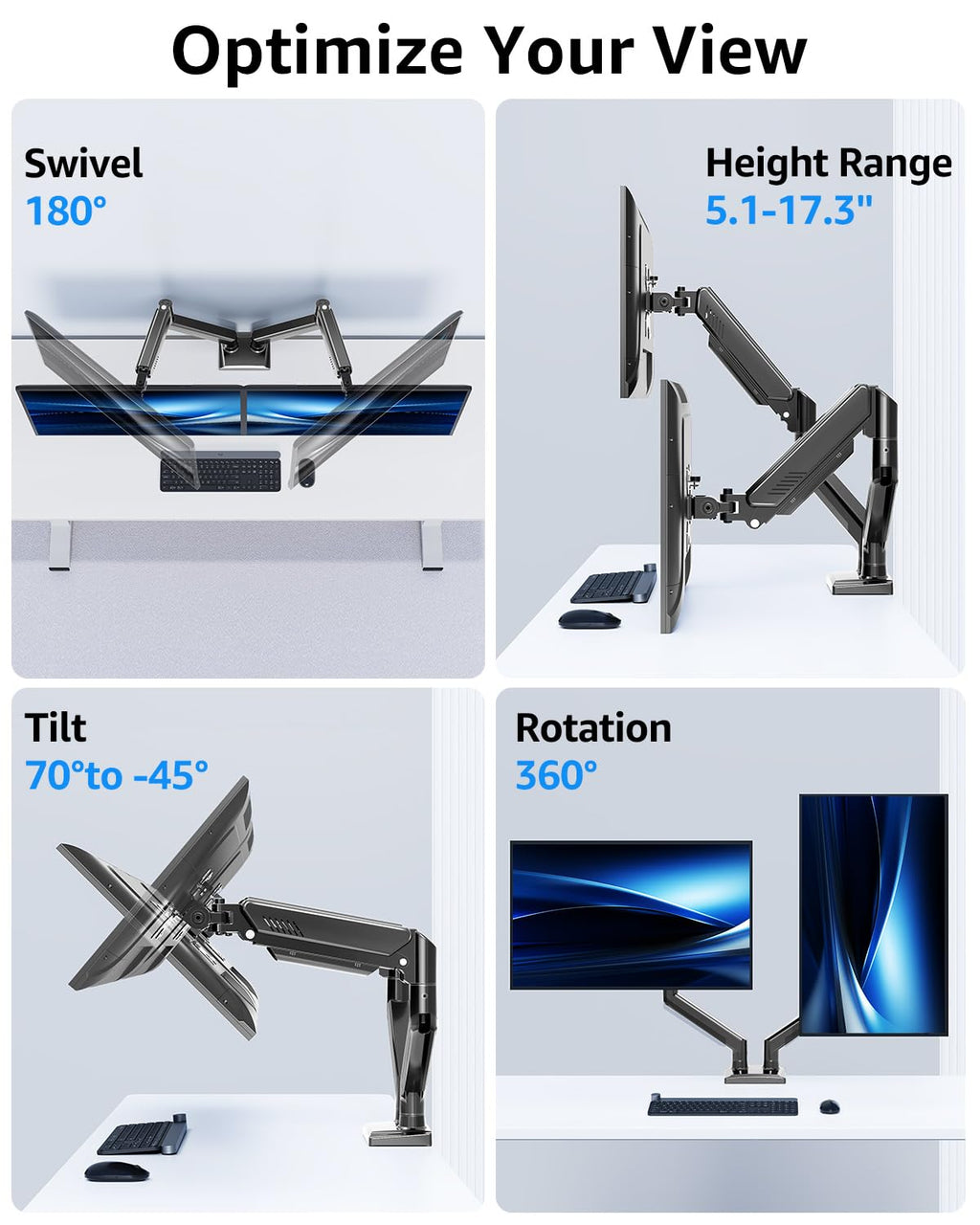 Dual Monitor Stand fits up to 32 inch, 4.4-22 lbs Computer Screens, Dual Monitor Desk Mount Height Adjustable, Monitor Arms for 2 Monitors, Home Office VESA Mounts, Freelift Black