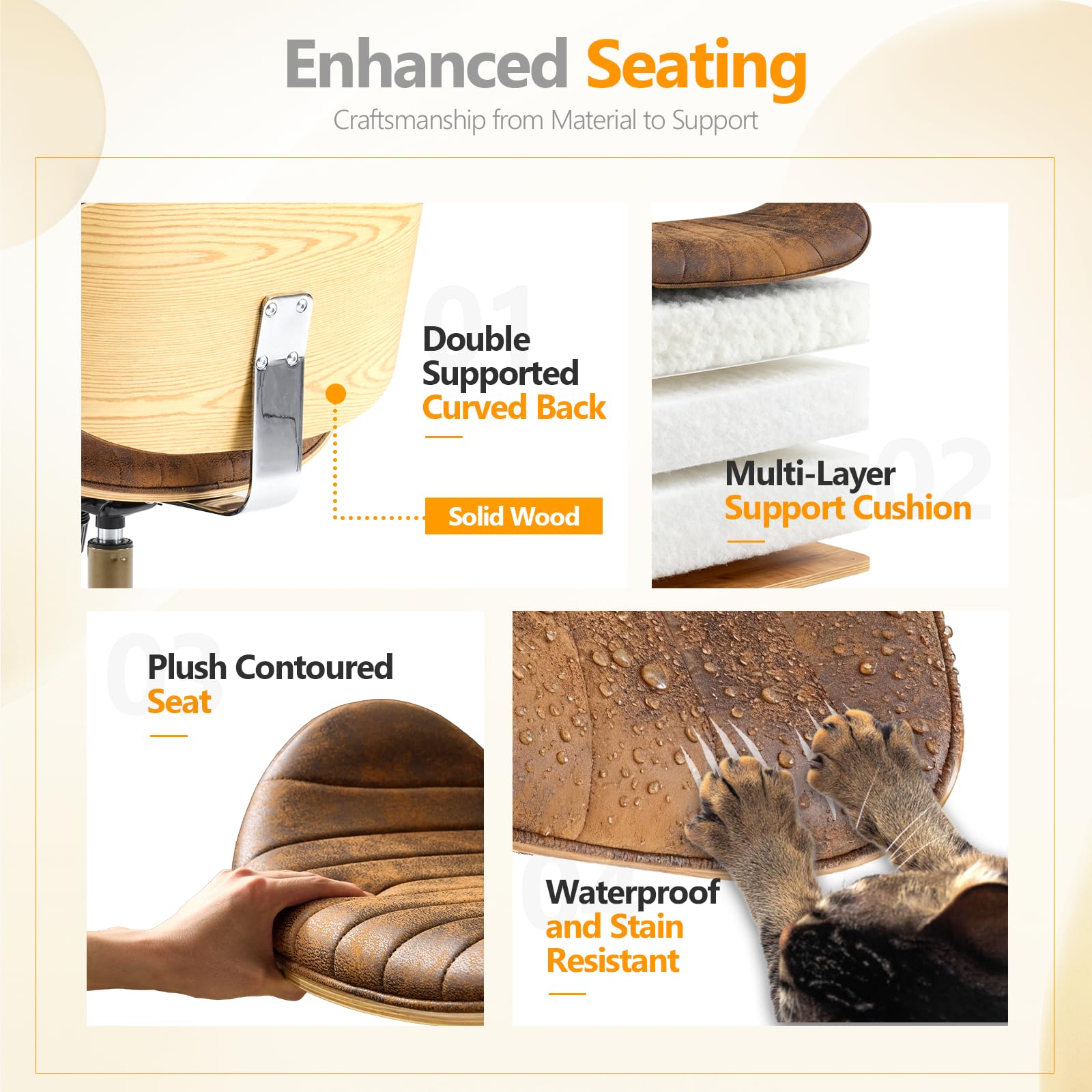 Wide Comfotable Swivel Home Office Chair with Wood-Grain Curved Shell,Ergomomic Mid-Back Padded Armless Modern Desk Chair with Wheels,Height Adjustable for Computer,Task,Work,Microfiber,Rustic