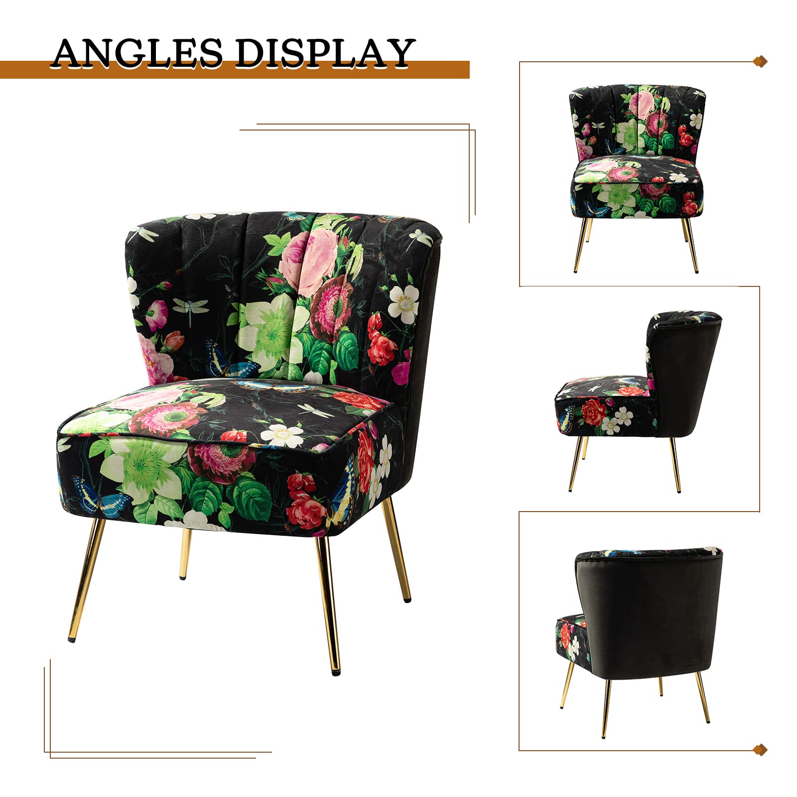 Armless Accent Chair Set of 2 with Gold Metal Legs, Comfy Floral Fabric Living Room Chair Wingback Small Side Chair, Upholstered Slipper Chair for Bedroom, Reading Room (Flower, Black)