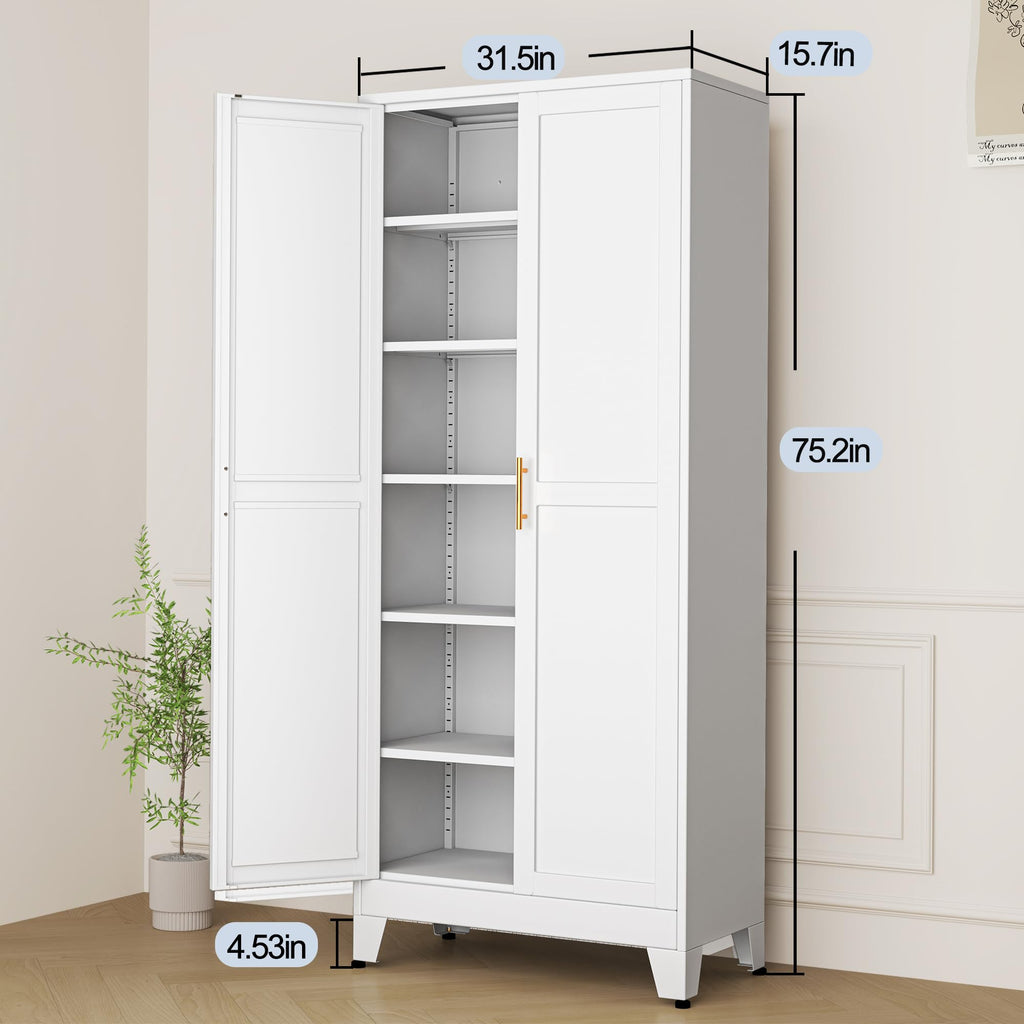White Metal Storage Cabinet,75" Steel Cabinets for Home Office