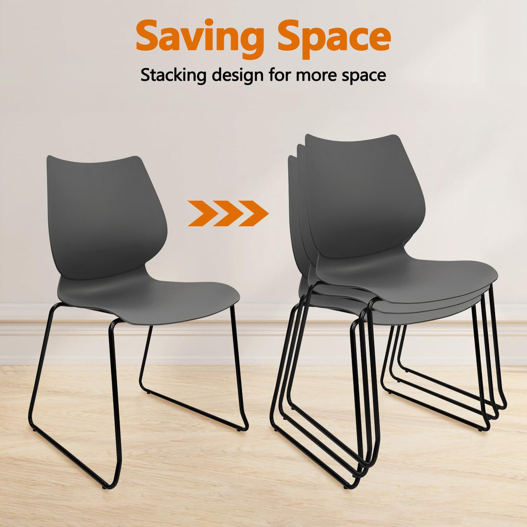 Set of 12, Stacking Waiting Room Chairs, Stacked Plastic Office Chair with Ergonomic Lumbar Support and Metal Legs for Conference School Church Guest Reception , Grey