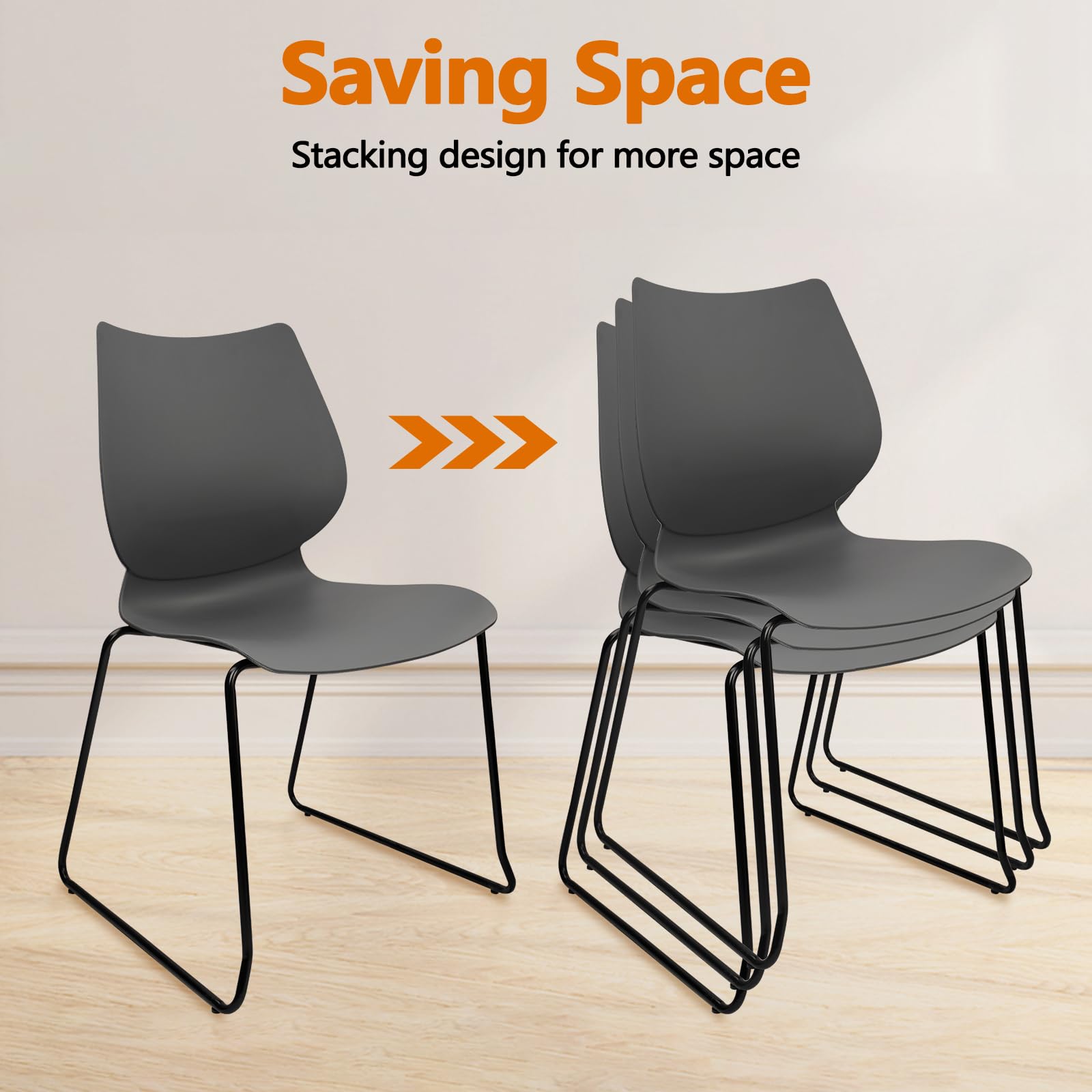 Set of 12, Stacking Waiting Room Chairs, Stacked Plastic Office Chair with Ergonomic Lumbar Support and Metal Legs for Conference School Church Guest Reception , Grey