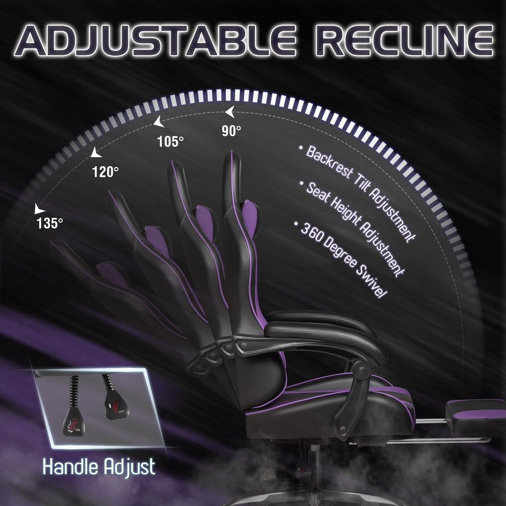 Gaming Chair, Video Game Chair with Footrest and Massage Lumbar Support, Ergonomic Computer Chair Height Adjustable with Swivel Seat and Headrest (Purple)