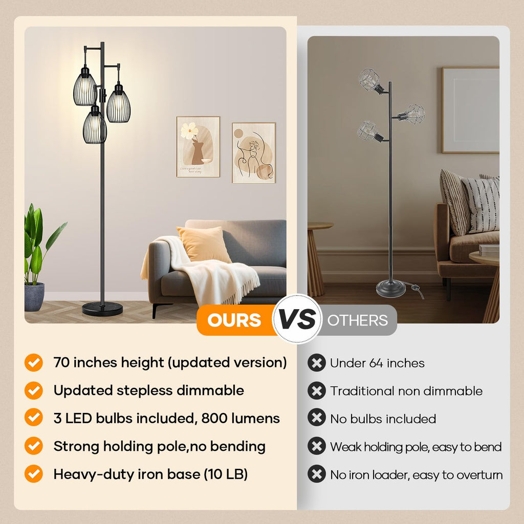 Floor Lamp,3x800LM LED Bulbs Included, Farmhouse Industrial Floor Lamp Standing Tree Lamp with Teardrop Cage Head Tall Lamp for Living Room Bedroom Office Dining Room - Black & Marble Base