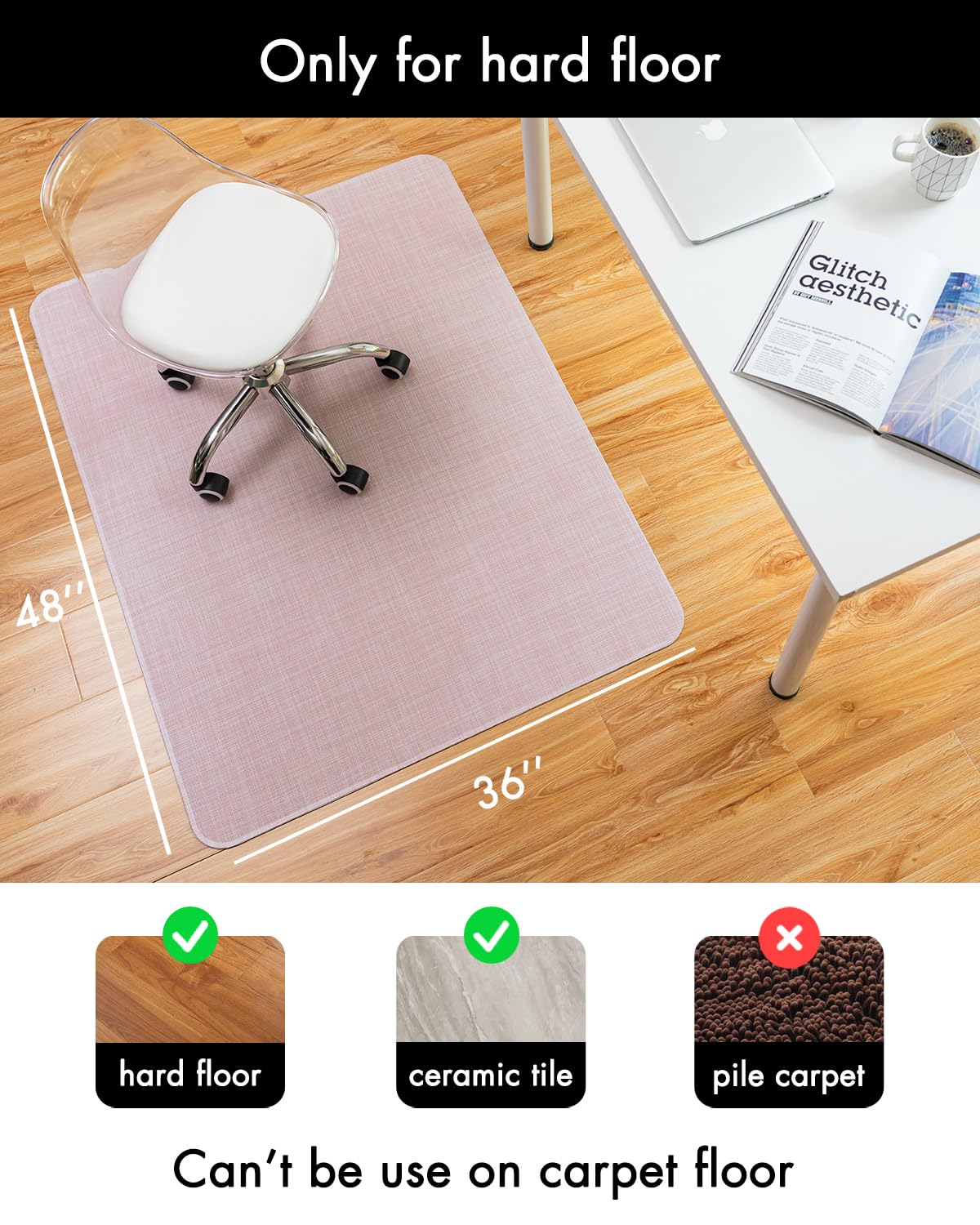 Office Chair Mat for Hardwood Floor Under Desk Computer Rolling Chair Mat for Wood/Tile Floor Non-Slip Heavy Duty Desk Rug PVC Plastic Hard Floor Protector 36" x 48"(Blush)