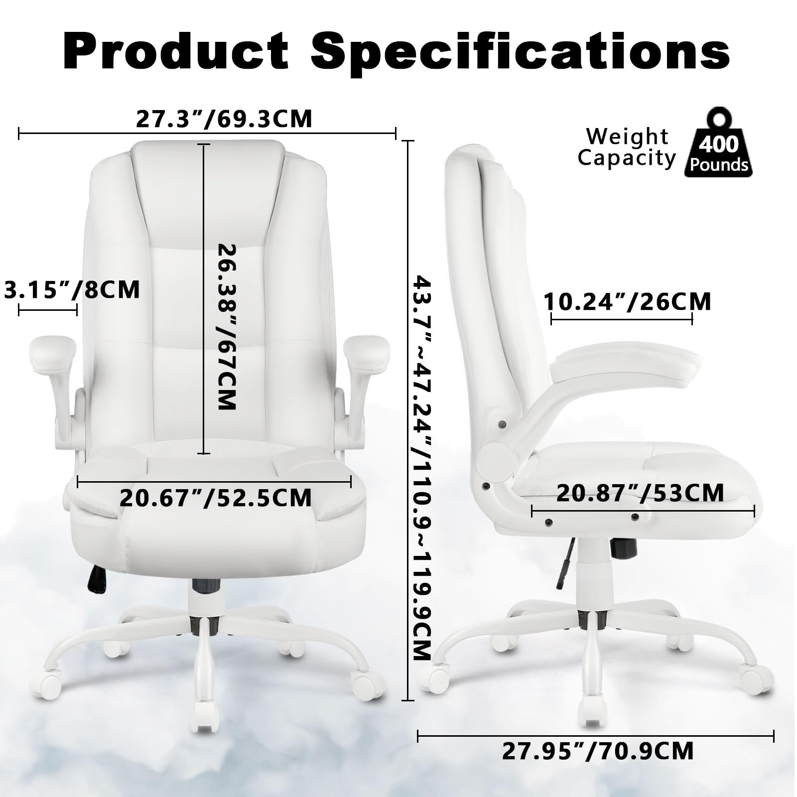 Leather Office Desk Chair,Ergonomic Office Chair with Lumbar Support,Computer Chair,Executive Leather Chair with Padded Flip-up Arm,Adjustable Armrests, Black,275LBS