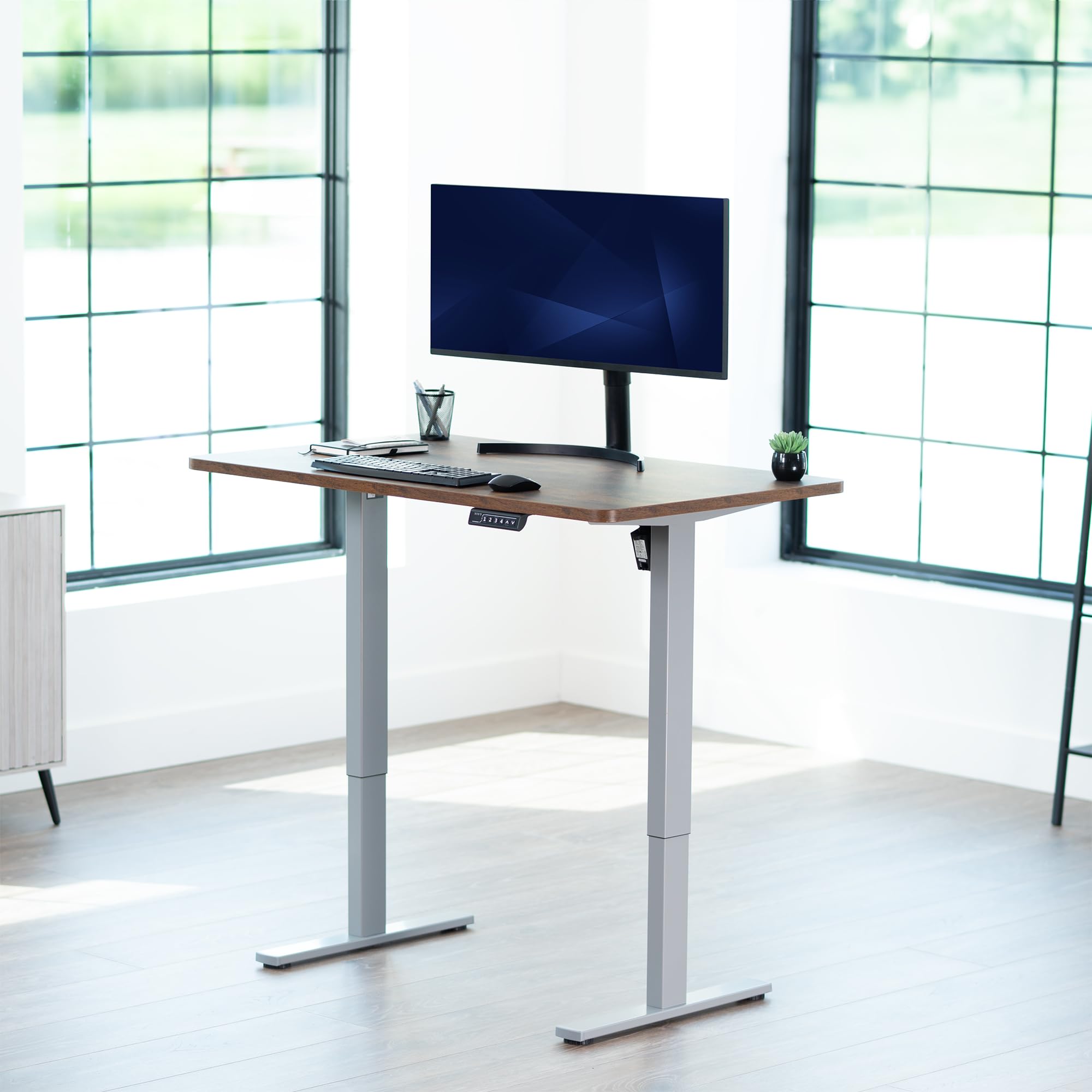 Electric 48 x 30 in Rustic Standing Desk, Memory Height Adjustment, 1B Series, Holds 220 lbs, One-Piece Vintage Brown Top, Gray Frame